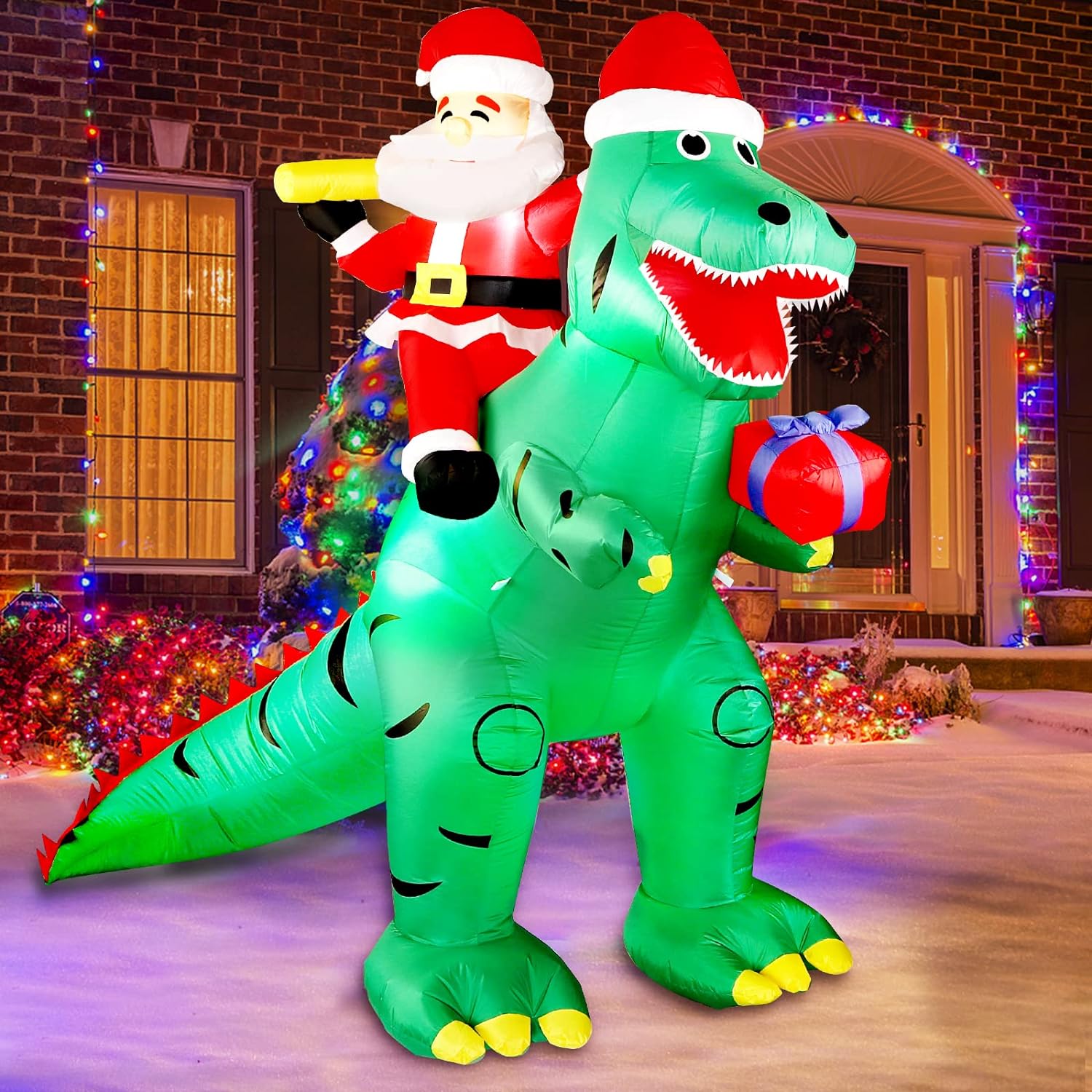 LEITAO 7FT Christmas Inflatable Decorations, Giant Xmas Santa Dinosaur Blow Up LED Light Up Inflate Xmas Santa Dinosaurs Gift Box Decor for Xmas Indoor Outdoor Yard Garden Party Holiday Decorations