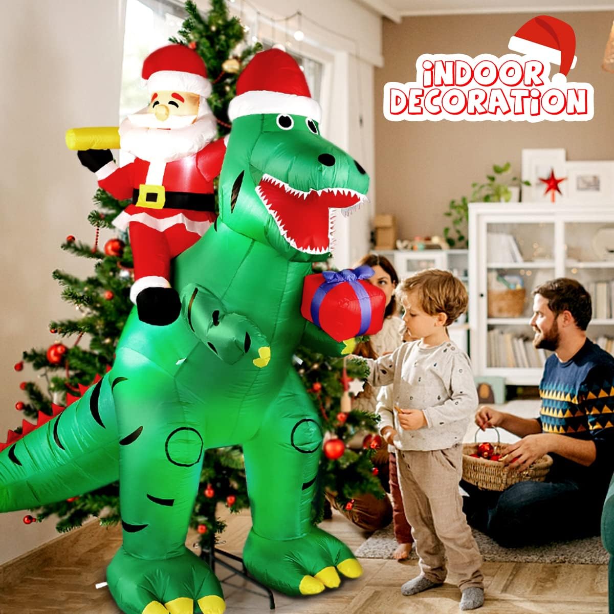 LEITAO 7FT Christmas Inflatable Decorations, Giant Xmas Santa Dinosaur Blow Up LED Light Up Inflate Xmas Santa Dinosaurs Gift Box Decor for Xmas Indoor Outdoor Yard Garden Party Holiday Decorations