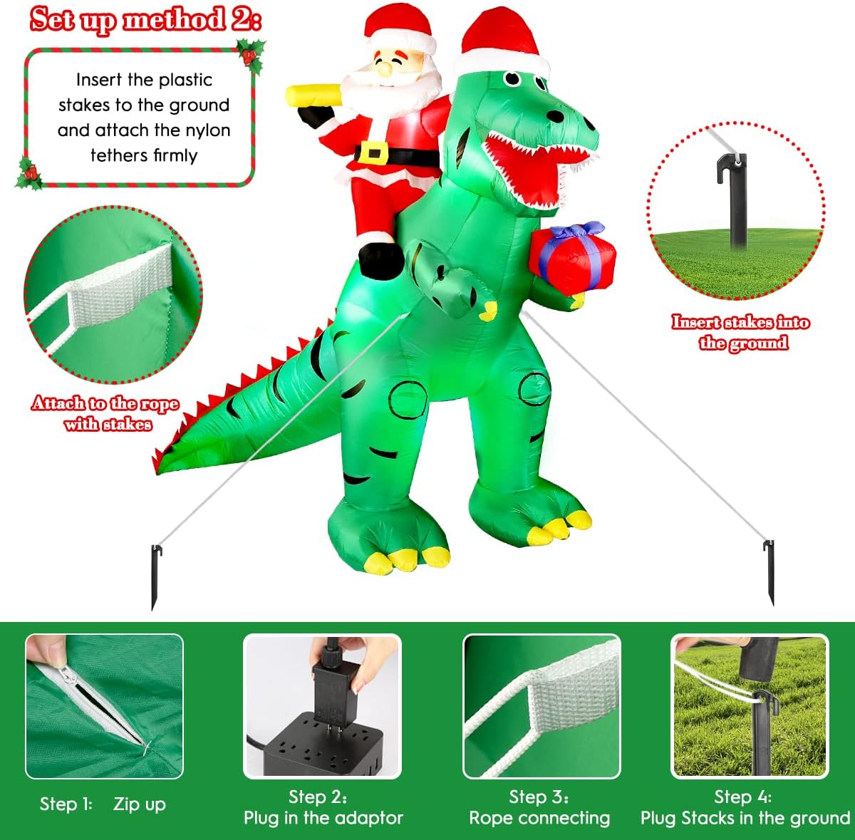 LEITAO 7FT Christmas Inflatable Decorations, Giant Xmas Santa Dinosaur Blow Up LED Light Up Inflate Xmas Santa Dinosaurs Gift Box Decor for Xmas Indoor Outdoor Yard Garden Party Holiday Decorations