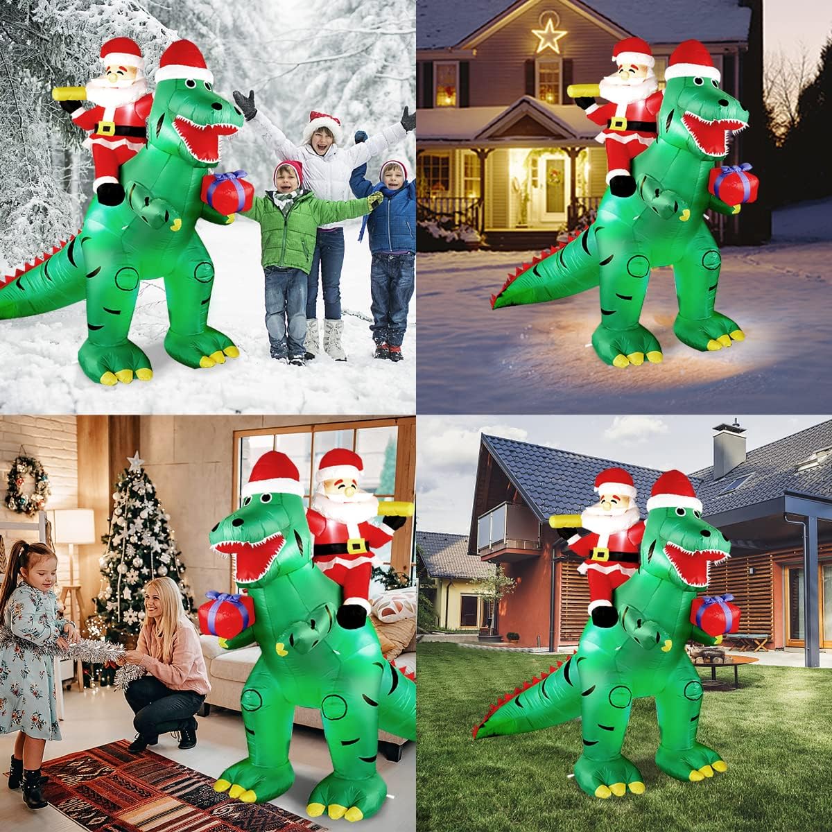 LEITAO 7FT Christmas Inflatable Decorations, Giant Xmas Santa Dinosaur Blow Up LED Light Up Inflate Xmas Santa Dinosaurs Gift Box Decor for Xmas Indoor Outdoor Yard Garden Party Holiday Decorations