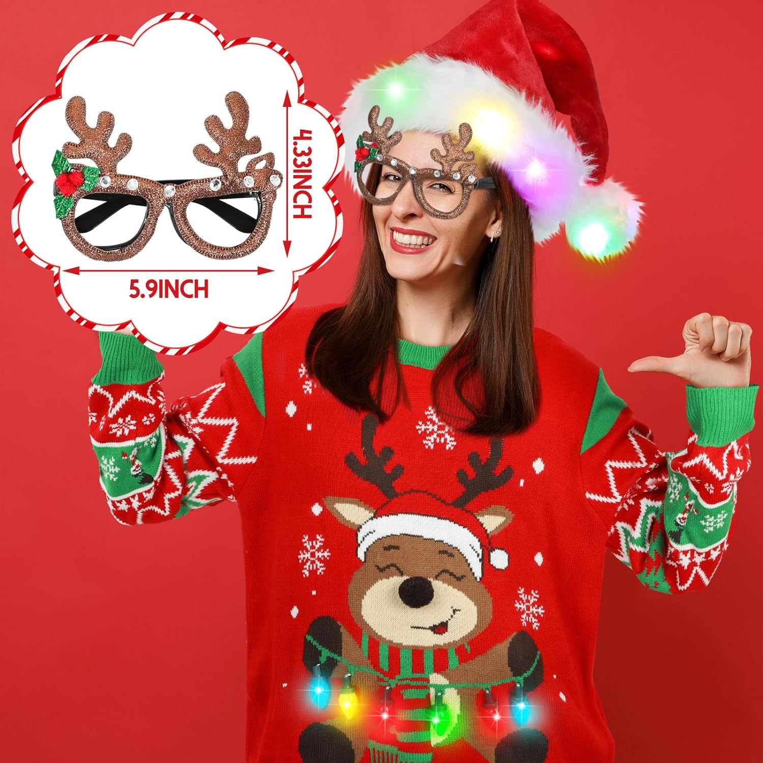 Liitrsh Christmas Light up LED Reindeer Knitted Ugly Sweater for Women Man Santa Hat Christmas Glasses for Holiday Party