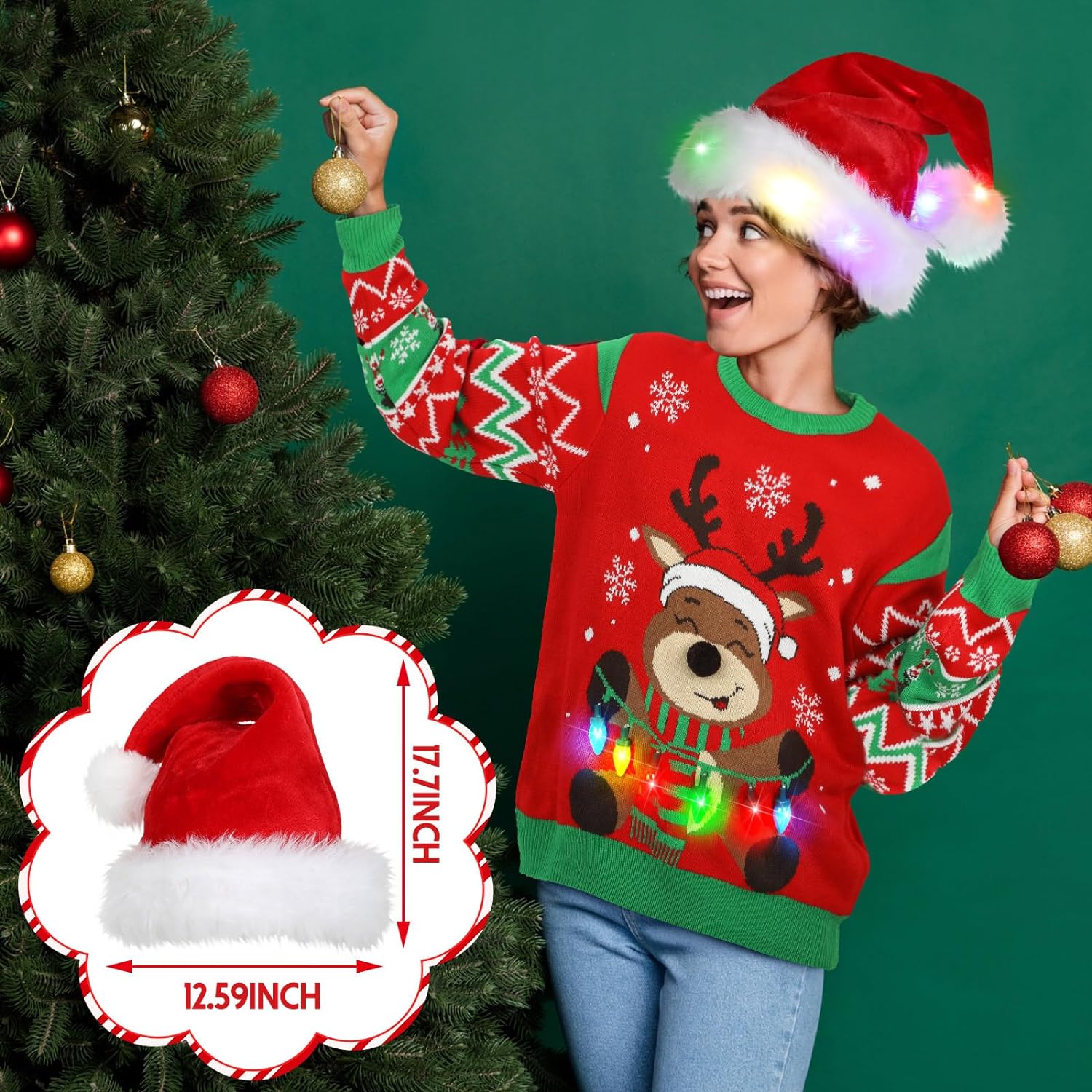 Liitrsh Christmas Light up LED Reindeer Knitted Ugly Sweater for Women Man Santa Hat Christmas Glasses for Holiday Party