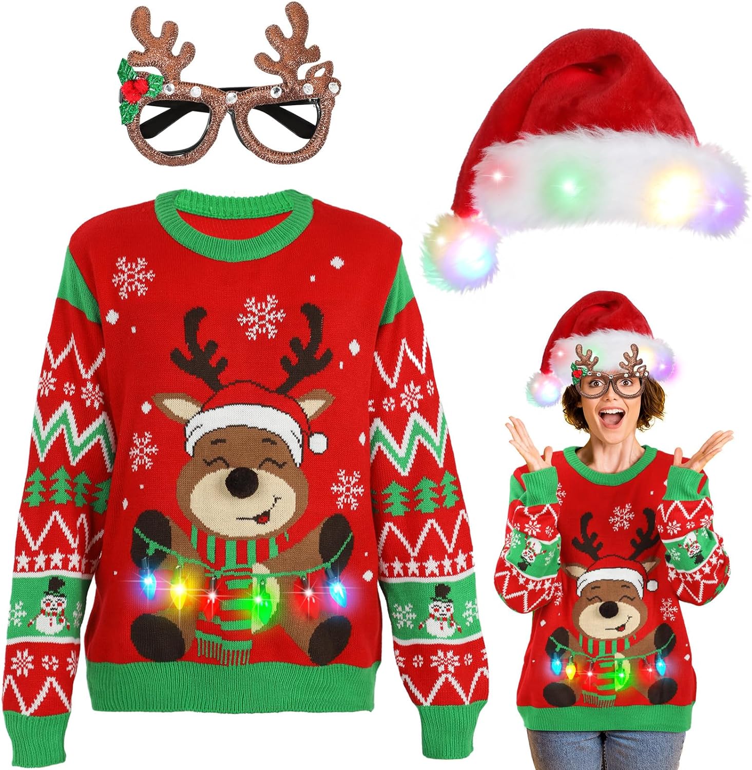 Liitrsh Christmas Light up LED Reindeer Knitted Ugly Sweater for Women Man Santa Hat Christmas Glasses for Holiday Party