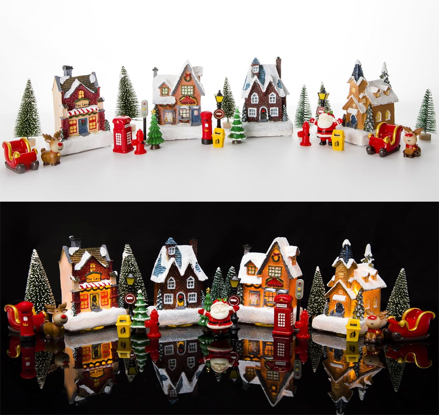 MGTHDS 26Pcs Christmas Village Sets, Resin Christmas Village Houses with LED Light, Christmas Town Scene Figurines Building Sets Christmas Indoor Decor Collection Buildings