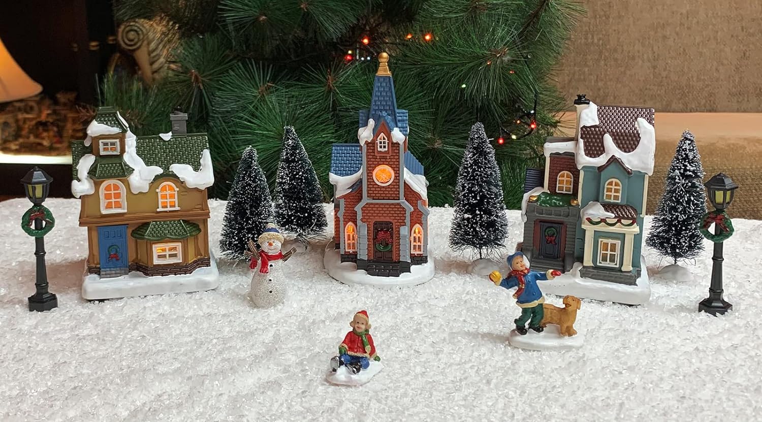 Moments in Time Christmas Village 12 pc Set, with LED Lights, Battery Operated (not Included) (5 H to 6.5 H Buildings)