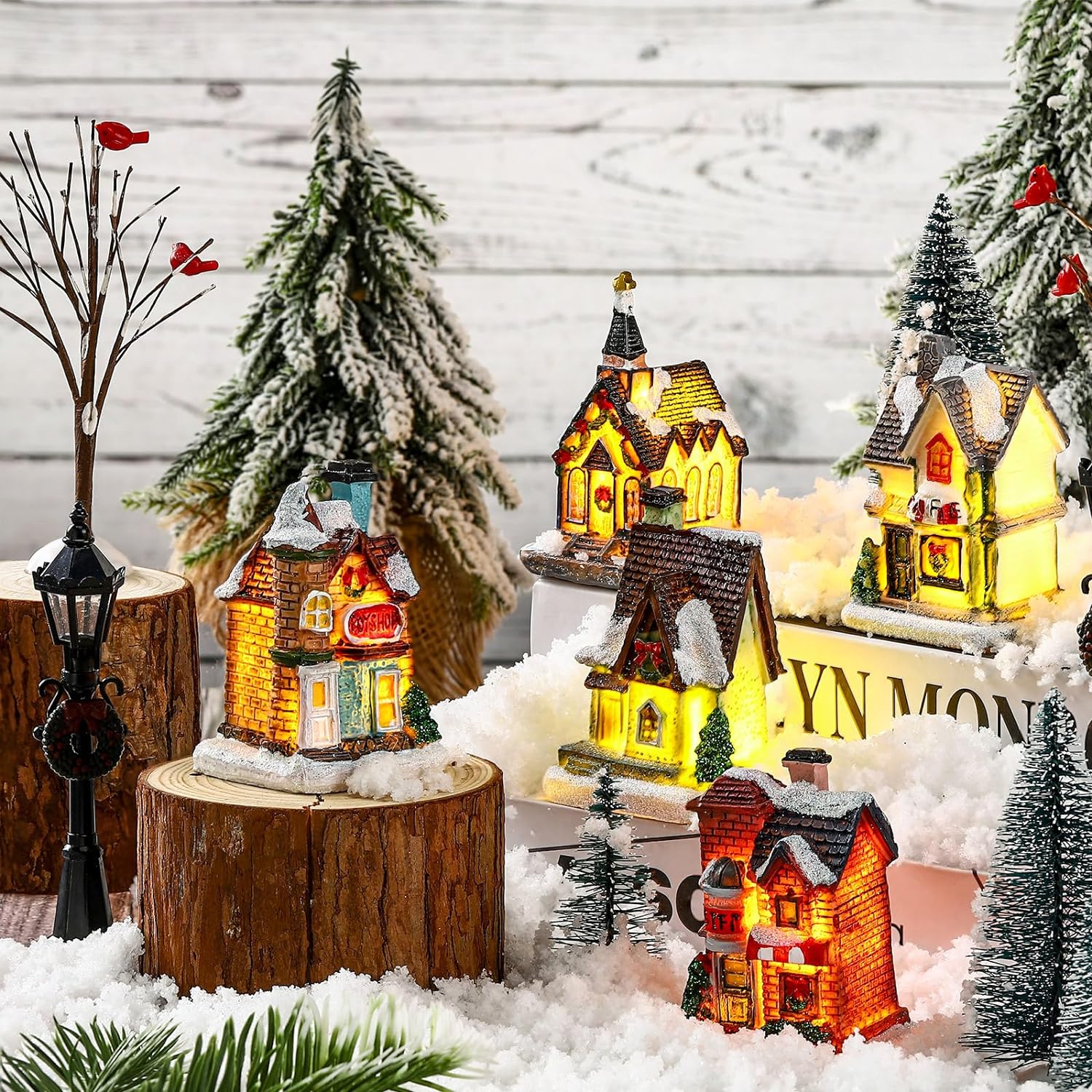 Queekay Christmas Winter Village Houses Set LED Lighted DIY Christmas Doll Figurines Christmas Miniature Resin Ornament Kits Christmas Cedar Bare Branch Tree Street Lamp Room Decor (Retro Style)