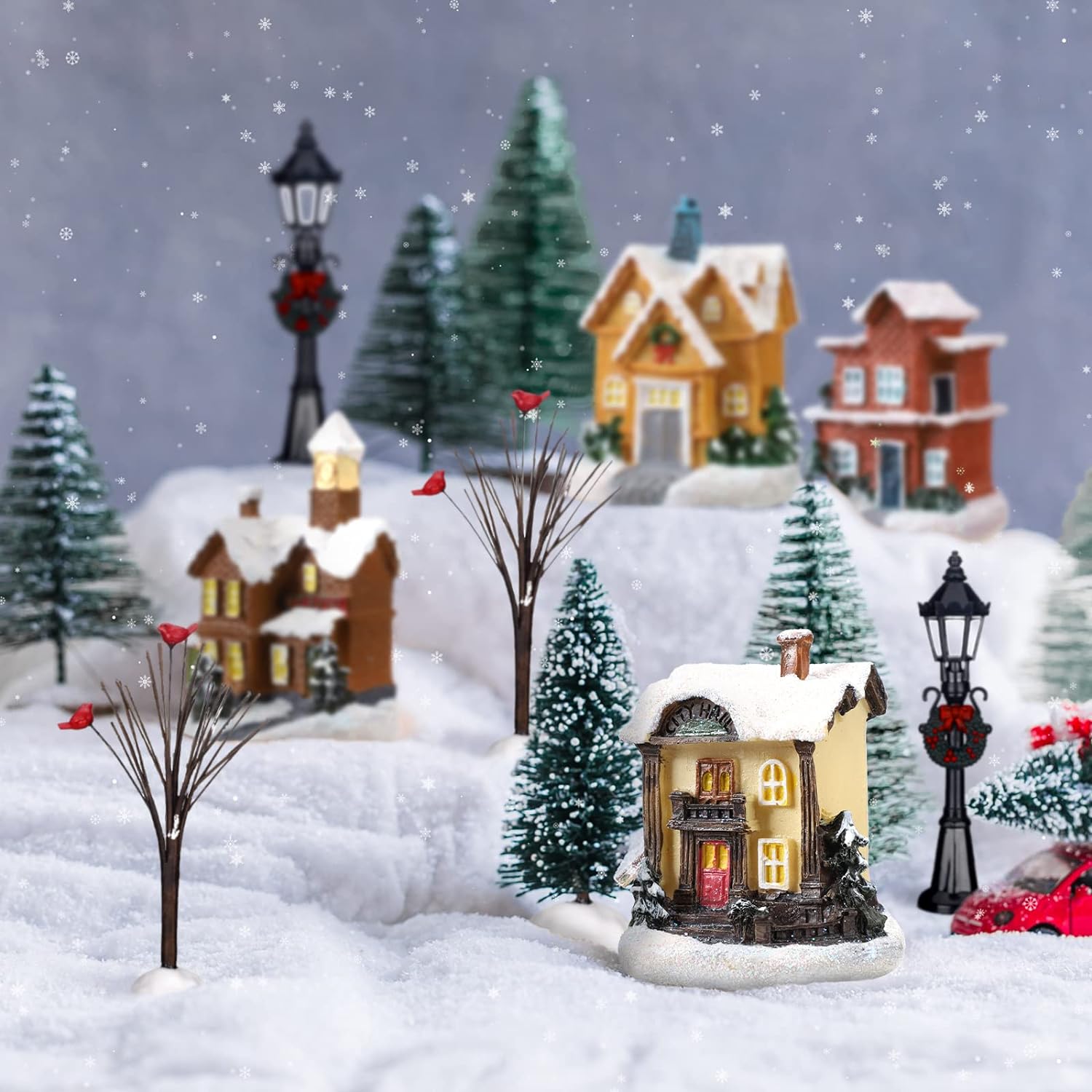 Queekay Christmas Winter Village Houses Set LED Lighted DIY Christmas Doll Figurines Christmas Miniature Resin Ornament Kits Christmas Cedar Bare Branch Tree Street Lamp Room Decor (Retro Style)