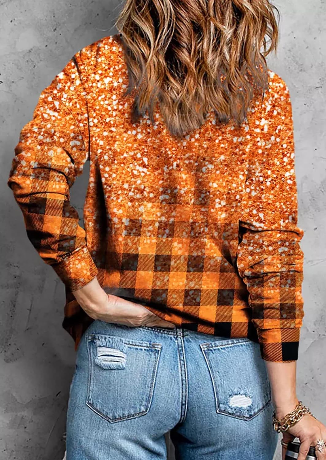 Thankful Heart Gradient Glitter Plaid Sweatshirt for Women Thanksgiving Fall Pullover Graphic Tees Long Sleeve Shirt