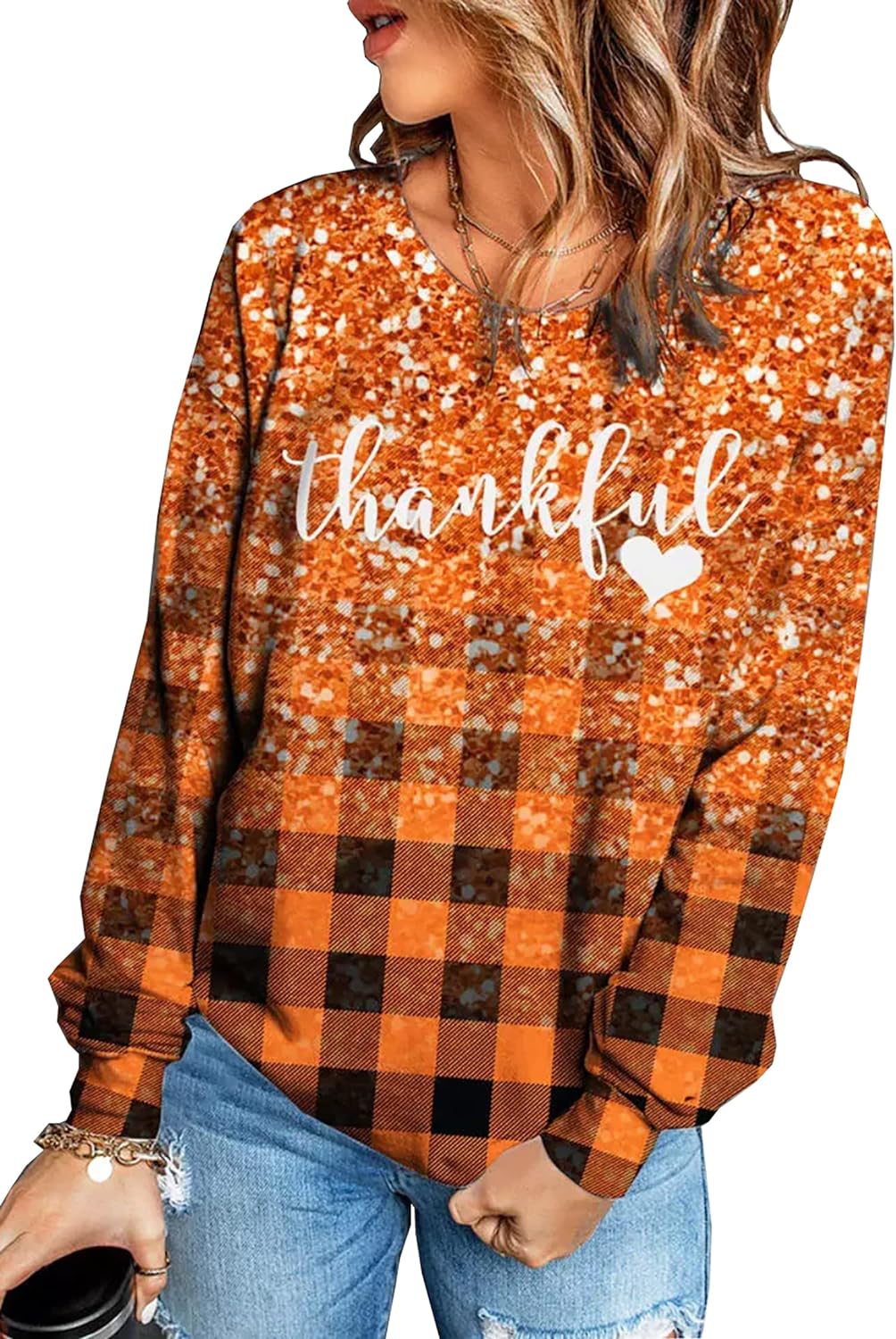 Thankful Heart Gradient Glitter Plaid Sweatshirt for Women Thanksgiving Fall Pullover Graphic Tees Long Sleeve Shirt