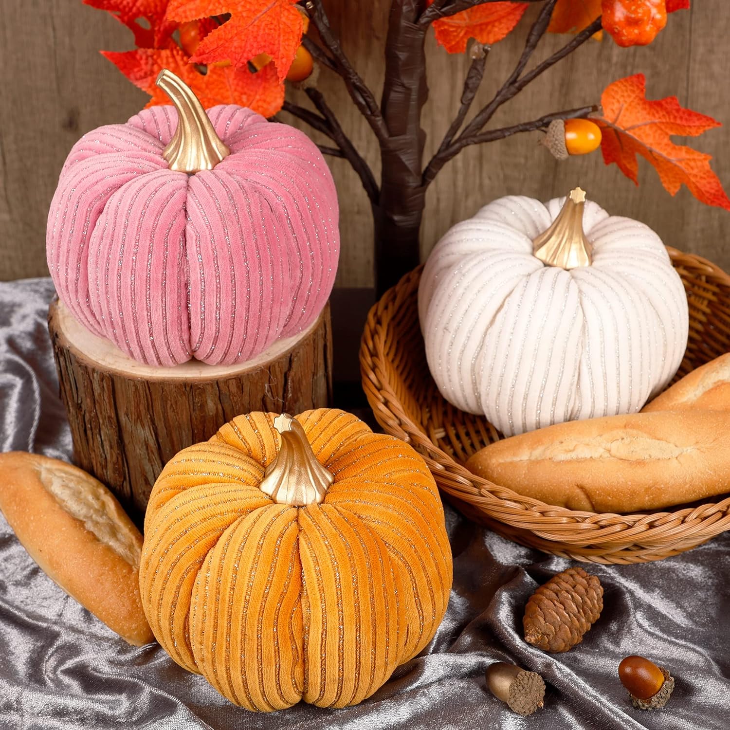 winemana Thanksgiving Artificial Pumpkins Fall Decorations for Home, 50Pcs Decor- 30 Leaves, 10 Acorns, 2 Pinecones, 8 Fake Pumpkins, Harvest Farmhouse Table Tiered Tray Set