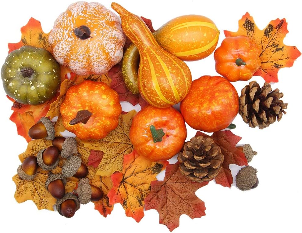 winemana Thanksgiving Artificial Pumpkins Fall Decorations for Home, 50Pcs Decor- 30 Leaves, 10 Acorns, 2 Pinecones, 8 Fake Pumpkins, Harvest Farmhouse Table Tiered Tray Set