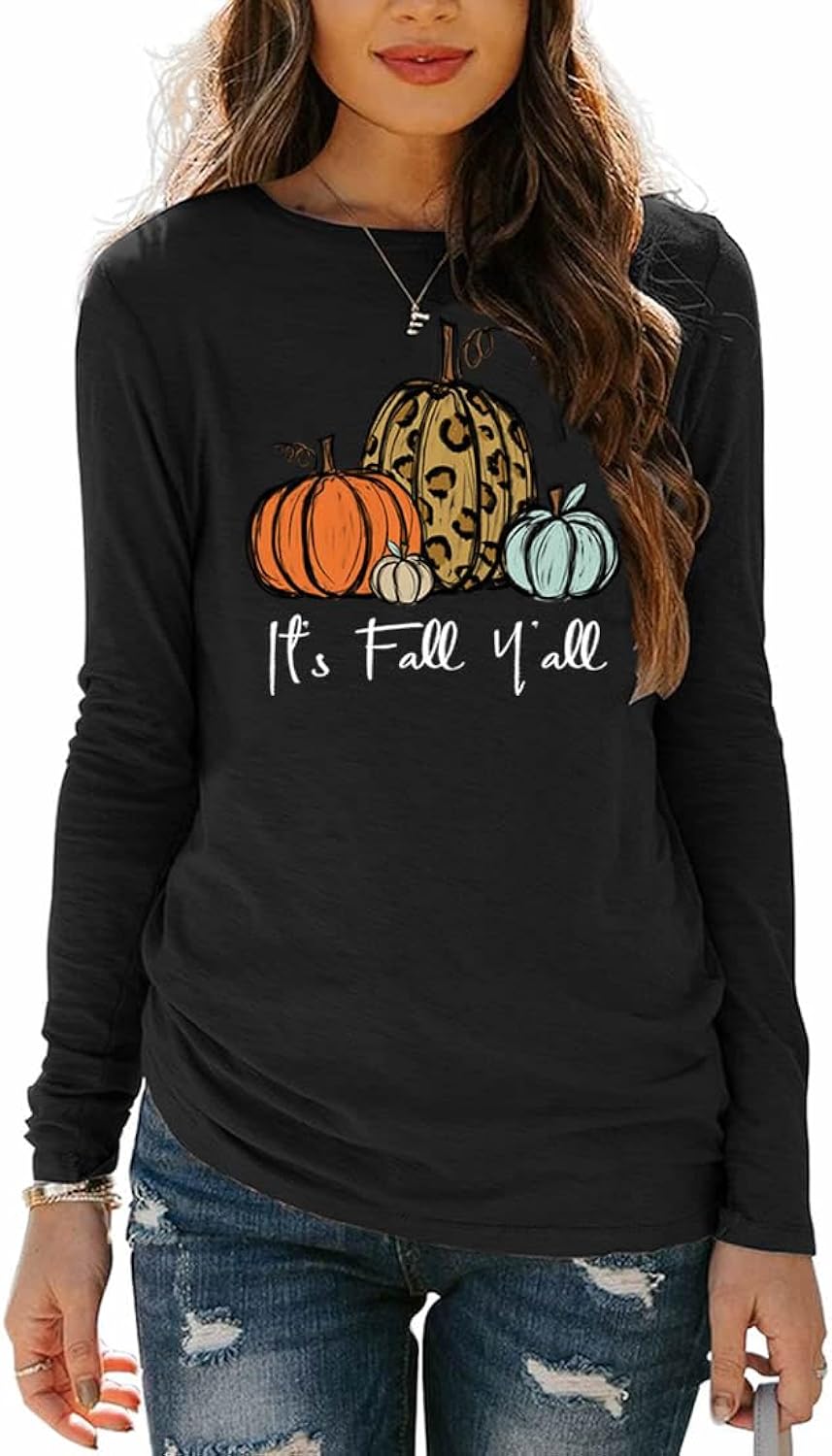 Womens Autumn Pumpkin Halloween Thanksgiving Printed T-Shirt Graphic Tees Long Sleeve Crew Neck Basic Tee Tops Blouse