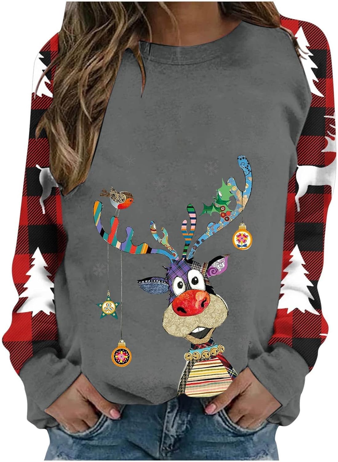 Zkuisw Ugly Christmas Sweater for Women Funny Cute Reindeer Print Long Sleeve Shirts Fall Novelty Xmas Crewneck Sweatshirts