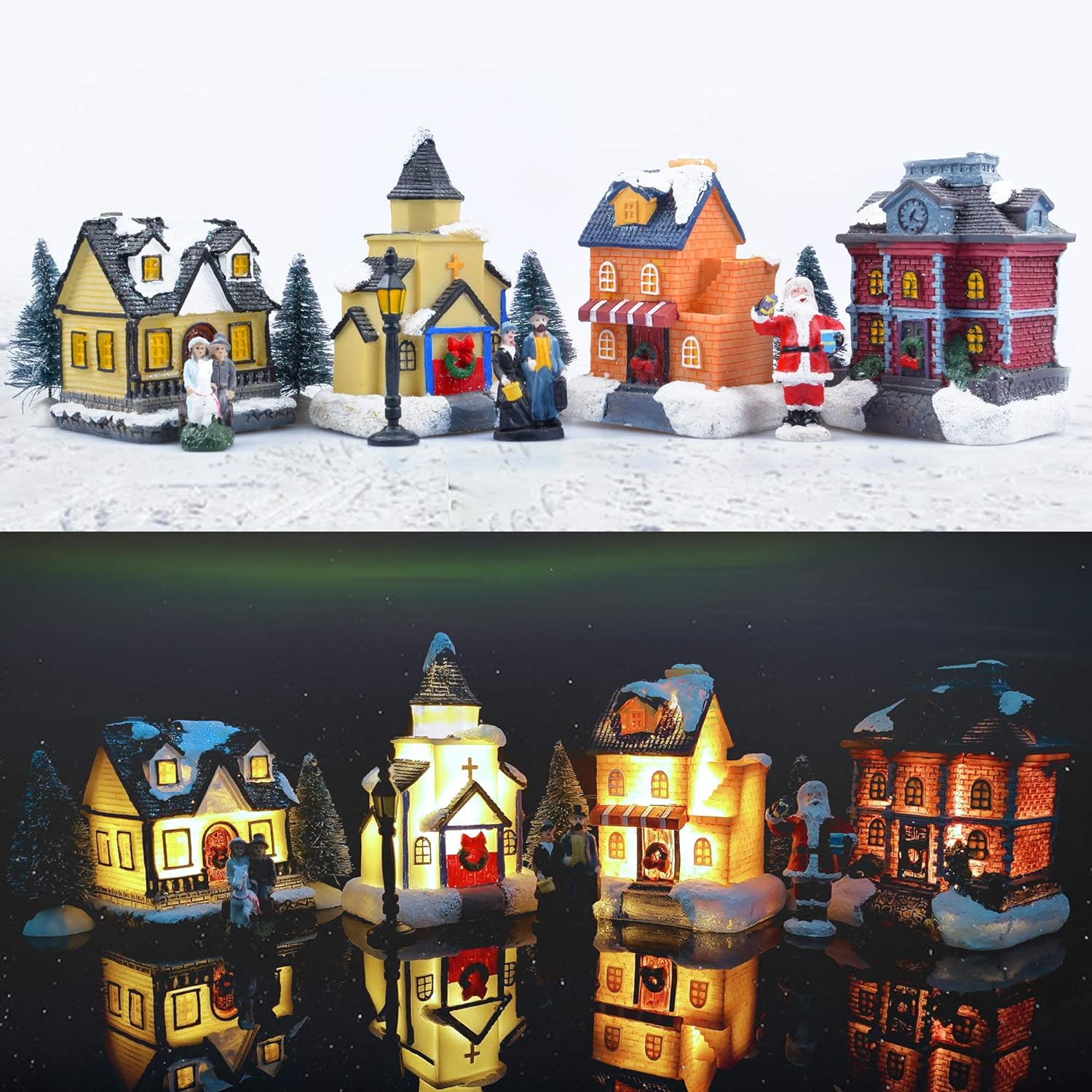 ZornRC Christmas Village Sets - LED Lighted Christmas Village Houses with Figurines, Christmas Village Collection Indoor Room Decor - Collectible Buildings (12 PCS)