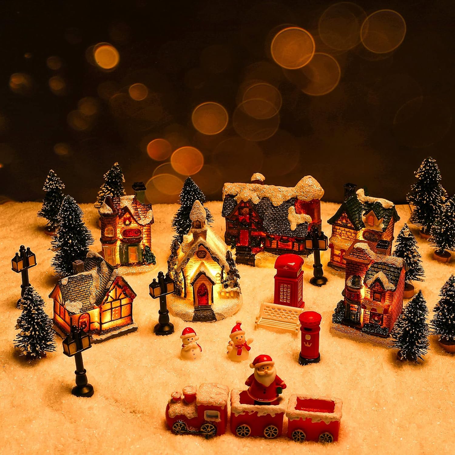 Zubebe 30 Pcs Christmas Village Sets Christmas Village Houses LED Holiday Village Figurines Christmas Village Collection Buildings Christmas Scene Desktop Ornaments Christmas Indoor Room (Cute Style)