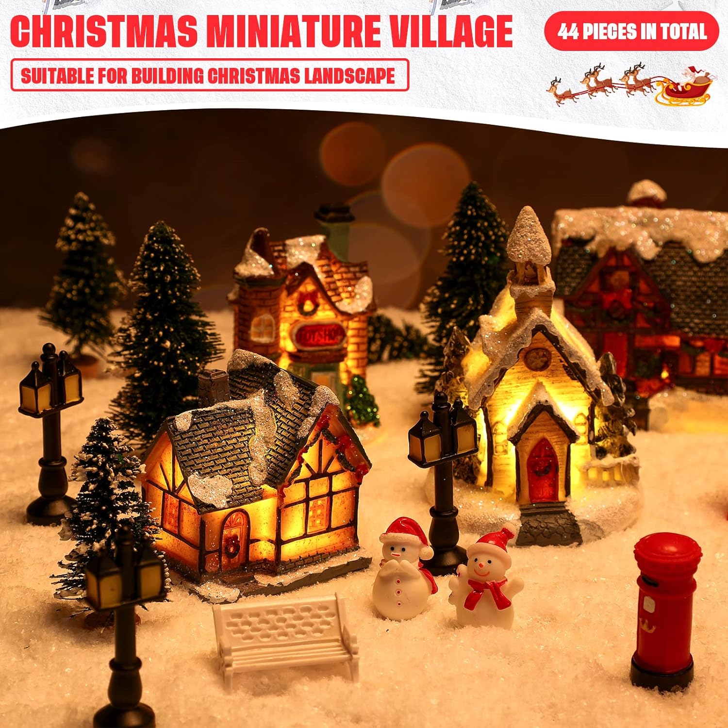 Zubebe 30 Pcs Christmas Village Sets Christmas Village Houses LED Holiday Village Figurines Christmas Village Collection Buildings Christmas Scene Desktop Ornaments Christmas Indoor Room (Cute Style)