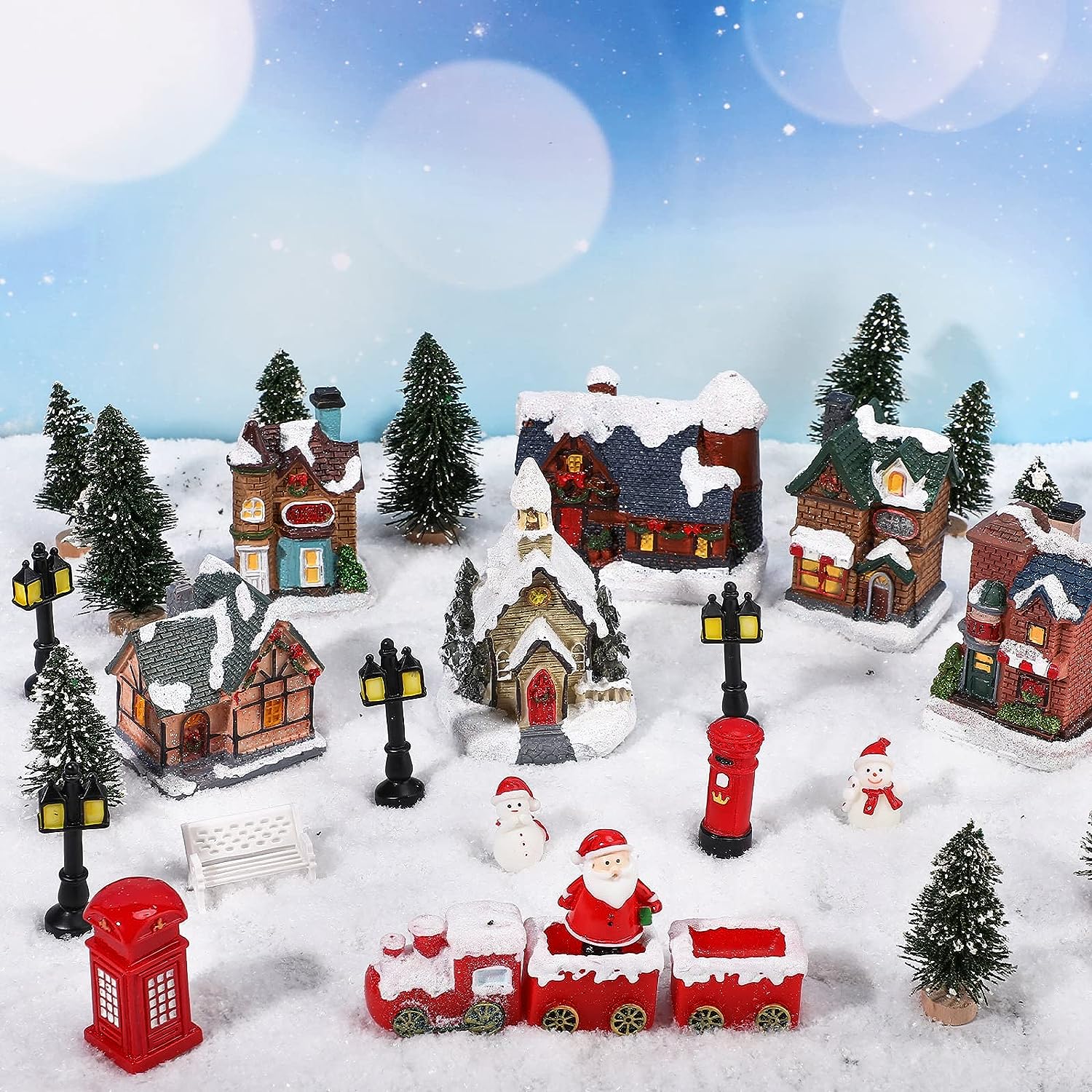 Zubebe 30 Pcs Christmas Village Sets Christmas Village Houses LED Holiday Village Figurines Christmas Village Collection Buildings Christmas Scene Desktop Ornaments Christmas Indoor Room (Cute Style)