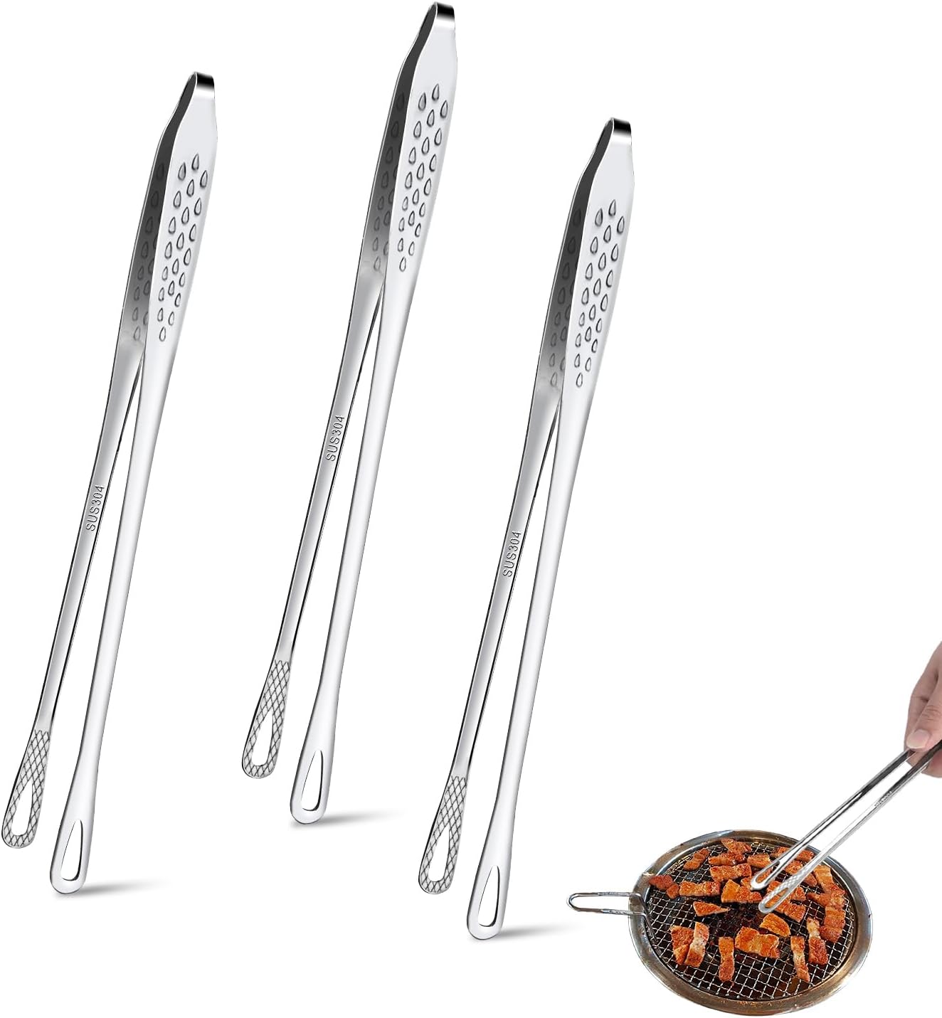 11-Inch 18/8 Stainless Steel Japanese Korean Grill Tongs - Kitchen Cooking Tweezer Tongs Set of 3