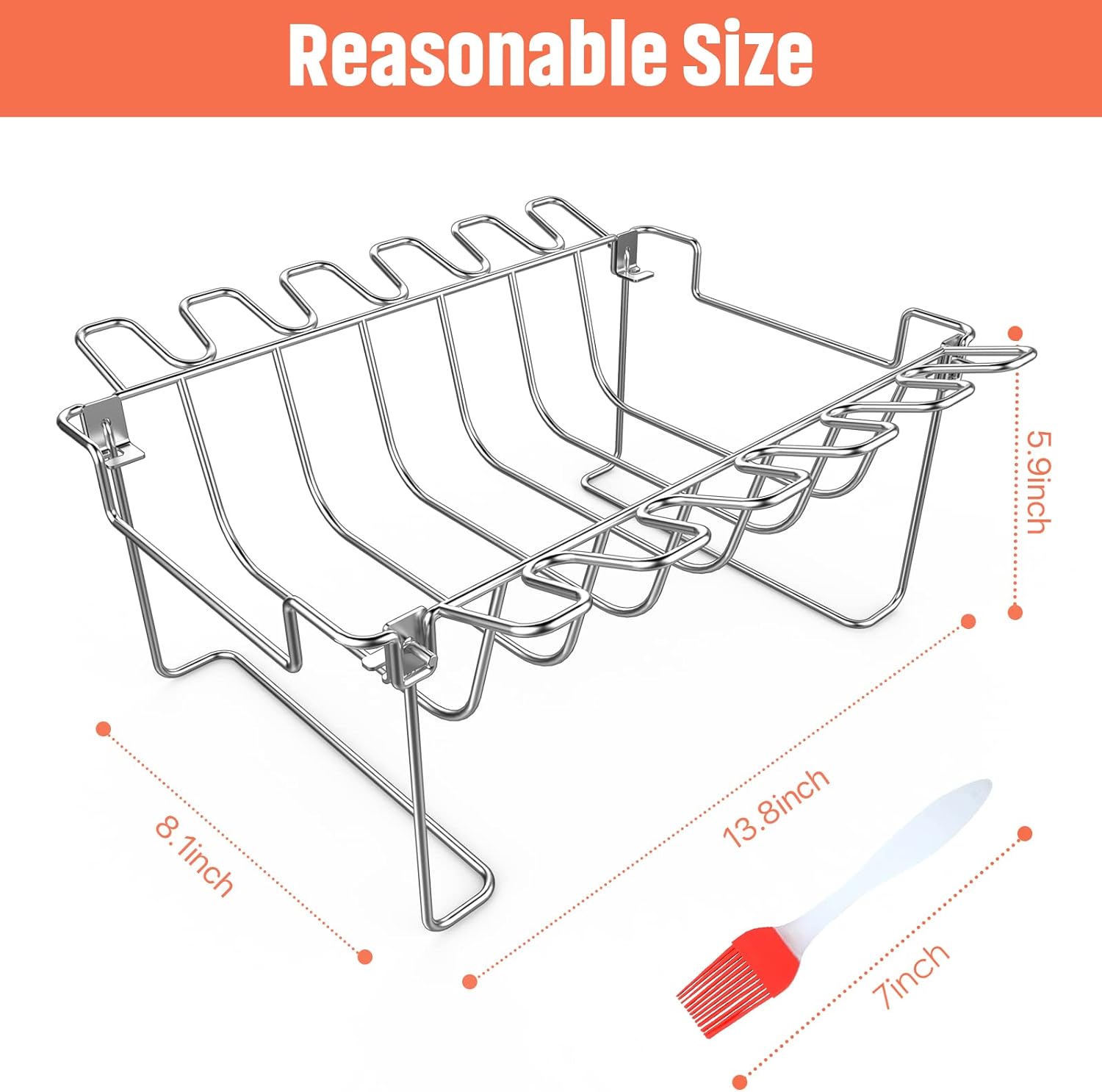 3 in 1 Extra Large Rectangle Rib RackChicken Leg Rack with Brush, Stainlesss Steel Roasting Rack with 2 Handle for Smoker, Oven and Grill, Holds Up to 5 Ribs, Easy to UseClean