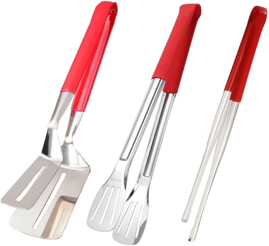 3Pcs 304 Stainless Steel Grill Clamp Kitchen Cooking Tongs Multipurpose Barbecue Clamp Spatula for Gripper Bread Clip, Fried Steak Clamp, Flipping Fish, Toast Salad Tongs(Red Anti-Scald Handle)