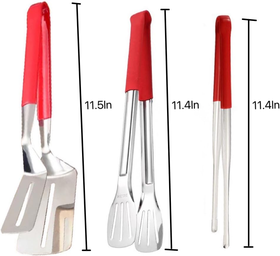 3Pcs 304 Stainless Steel Grill Clamp Kitchen Cooking Tongs Multipurpose Barbecue Clamp Spatula for Gripper Bread Clip, Fried Steak Clamp, Flipping Fish, Toast Salad Tongs(Red Anti-Scald Handle)