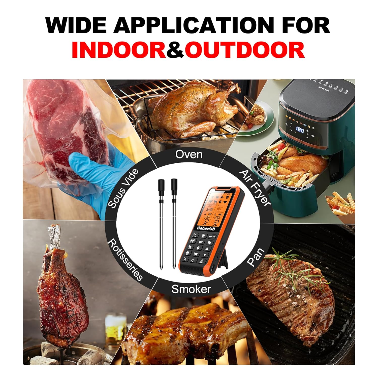 500FT Wireless Meat Thermometer 2 Probes, Smart Meat Thermometer, Bluetooth Meat Thermometer for Grilling Smoking, Rechargeable Digital Cooking Thermometer with APP Alarm Function for Oven BBQ