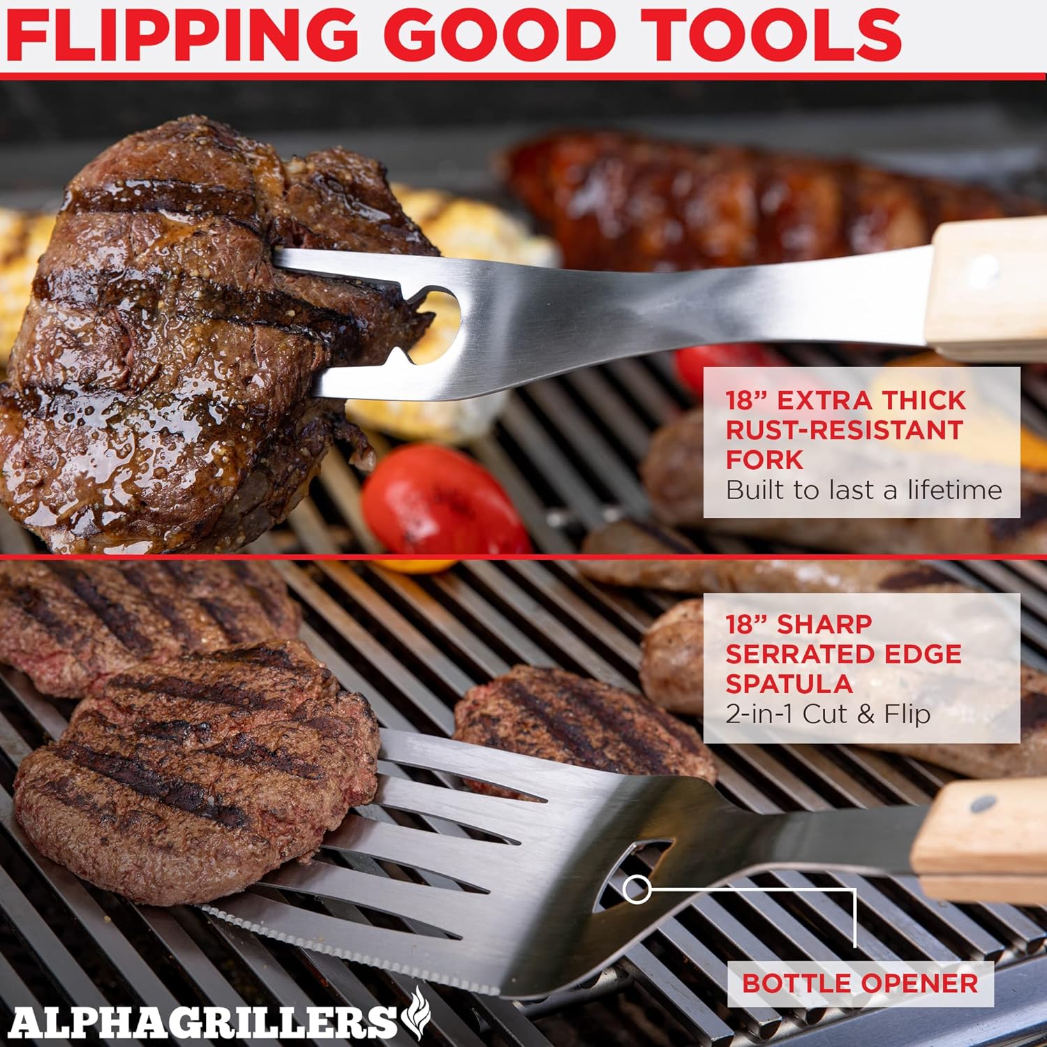 Alpha Grillers Grill Set Heavy Duty BBQ Accessories - BBQ Gifts Tool Set 4pc Grill Accessories with Spatula, Fork, Brush  BBQ Tongs - Grilling Cooking Gifts for Men Dad Durable, Stainless Steel