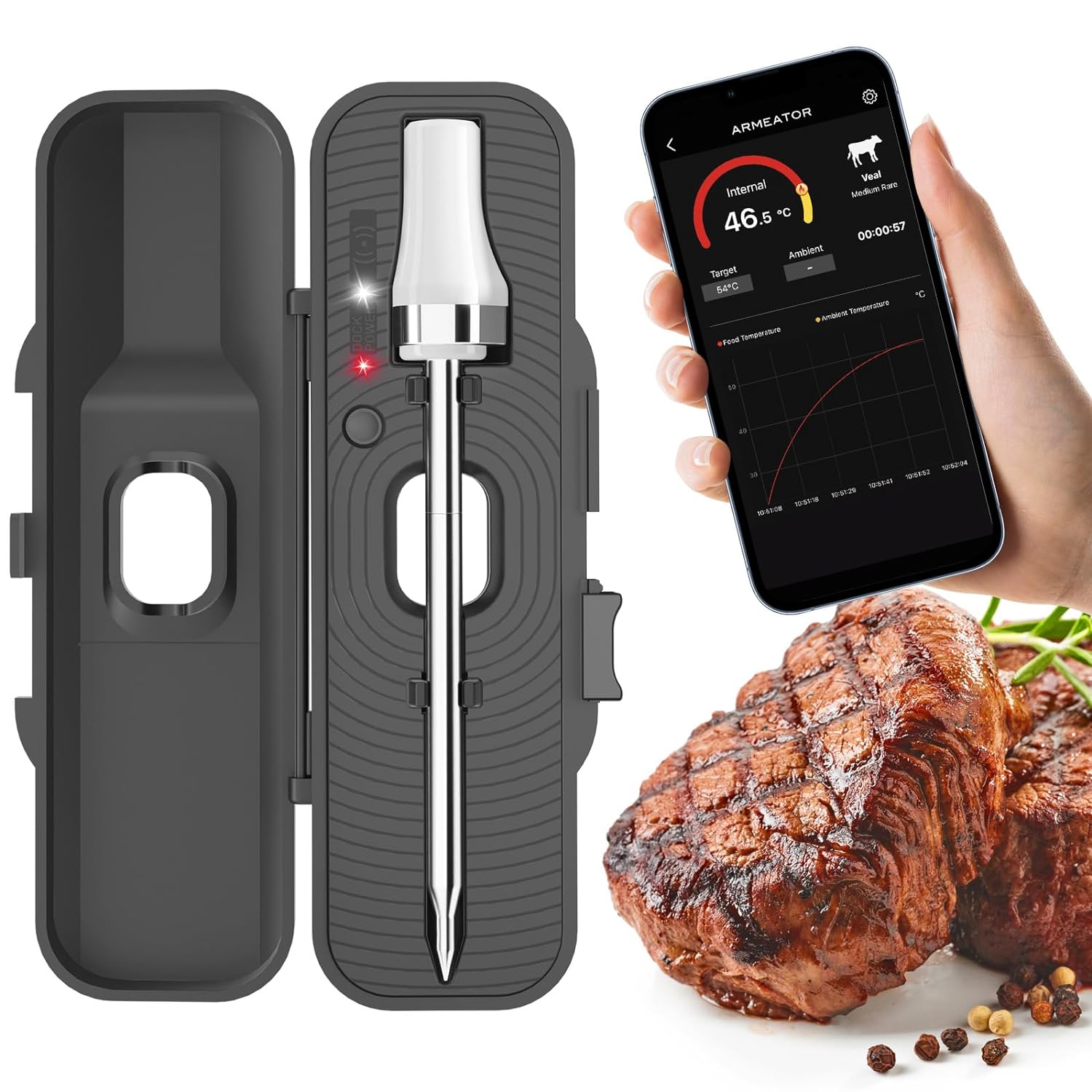 Armeator Meat Thermometer for Grilling and Cooking, 932°F High-Temperature, 229FT Range Digital Food Probe. Wireless Bluetooth Meat Thermometer for Oven, Smoker, Kitchen, IndoorOutdoor BBQ