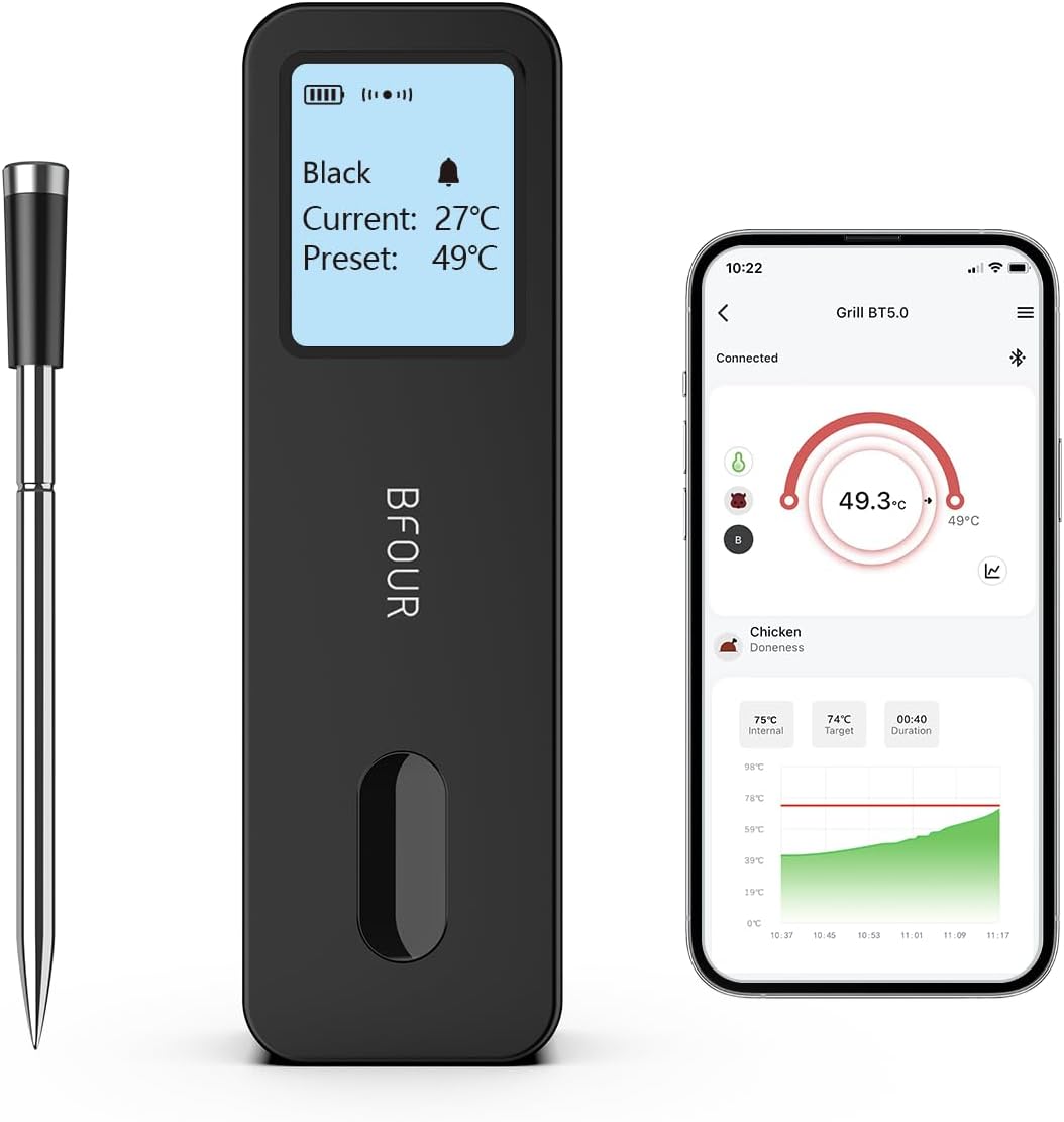 BFOUR True Wireless Meat Thermometer of 328FT, Bluetooth Meat Thermometer with LCD Screen Smart Booster, Meat Thermometer for Grilling and Smoking BBQ Oven Rotisserie (Rechargeable, Magnetic)