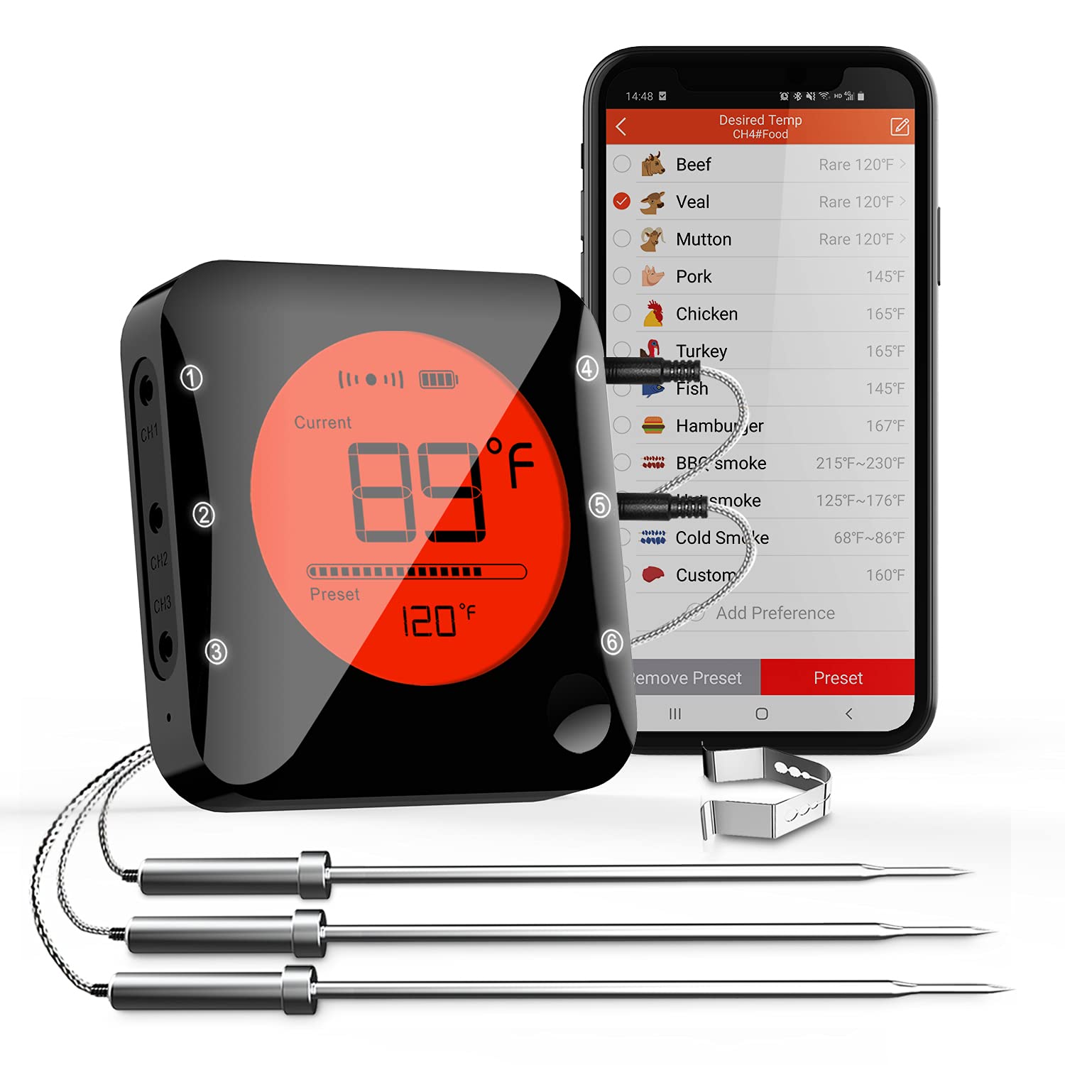 BFOUR Wireless Grill Thermometer, Bluetooth Meat Thermometer, Digital BBQ Meat Thermometer for Grilling Smoker Oven, Smart APP Alarm Monitor Instant Read with 4 Stainless Steel Probes