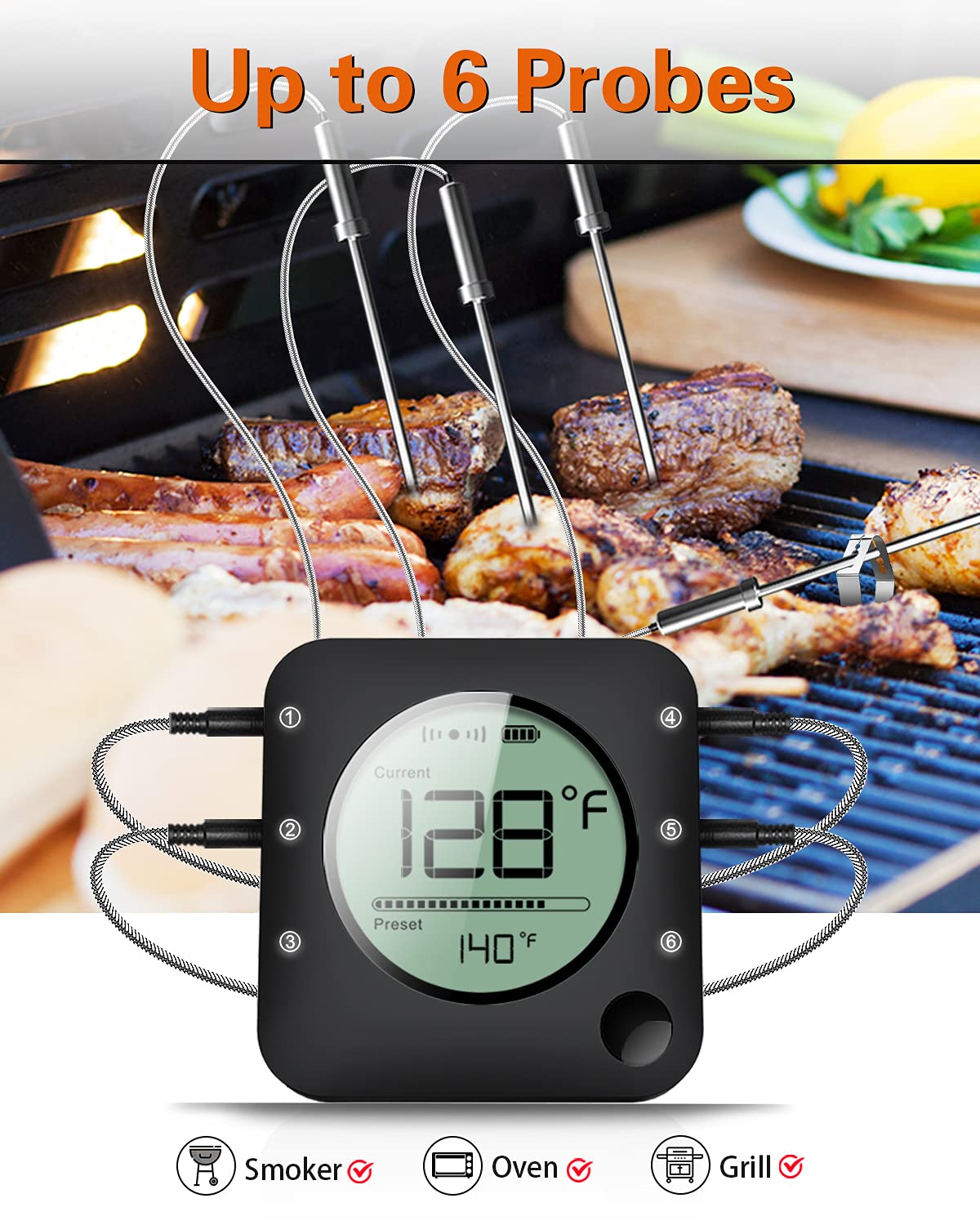 BFOUR Wireless Grill Thermometer, Bluetooth Meat Thermometer, Digital BBQ Meat Thermometer for Grilling Smoker Oven, Smart APP Alarm Monitor Instant Read with 4 Stainless Steel Probes