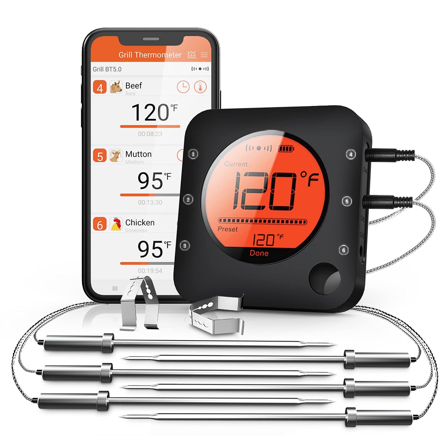 BFOUR Wireless Grill Thermometer, Bluetooth Meat Thermometer, Digital BBQ Meat Thermometer for Grilling Smoker Oven, Smart APP Alarm Monitor Instant Read with 4 Stainless Steel Probes