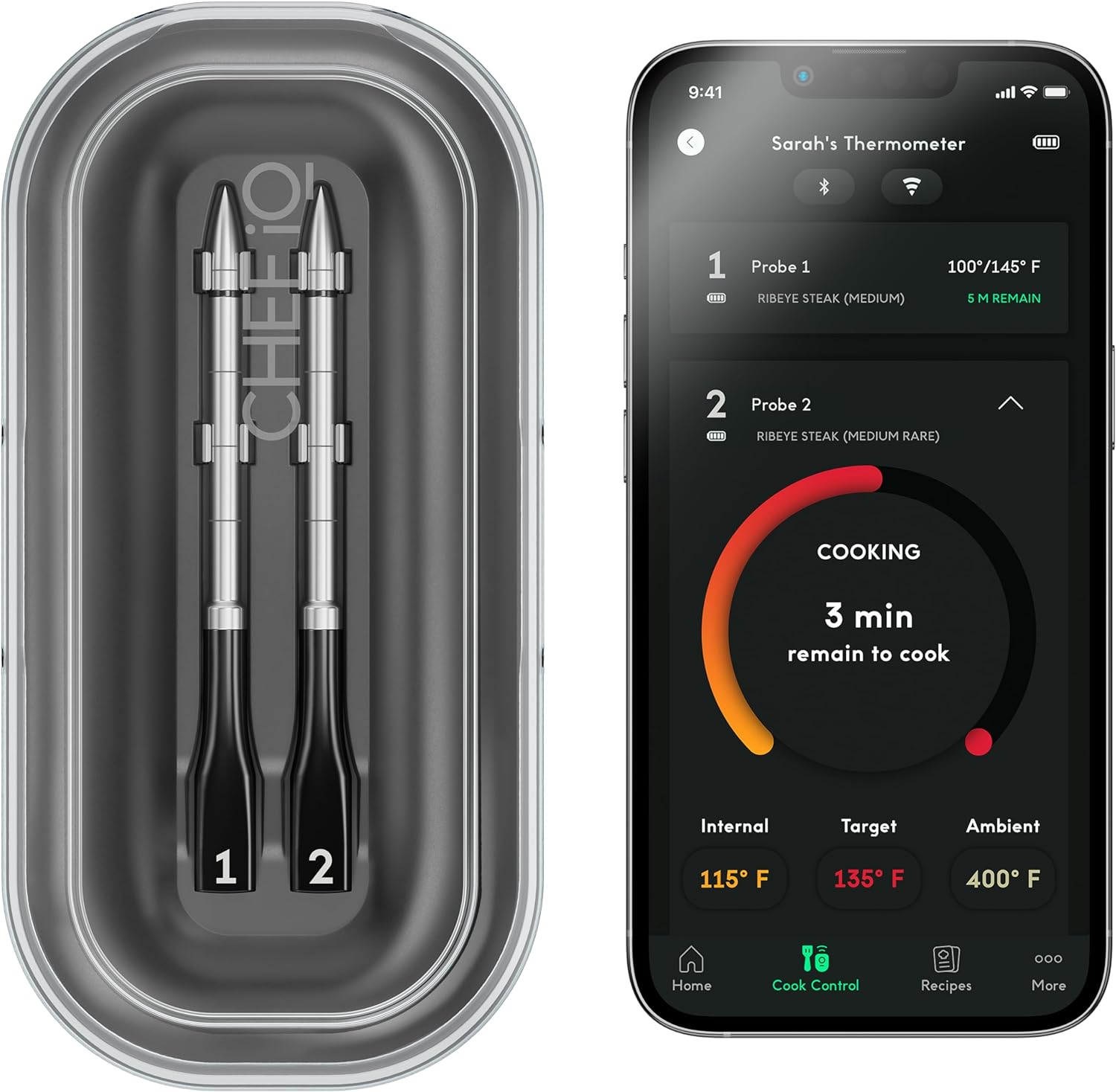 CHEF iQ Smart Wireless Meat Thermometer with 2 Ultra-Thin Probes, Unlimited Range Bluetooth Meat Thermometer, Digital Food Thermometer for Remote Monitoring of BBQ Grill, Oven