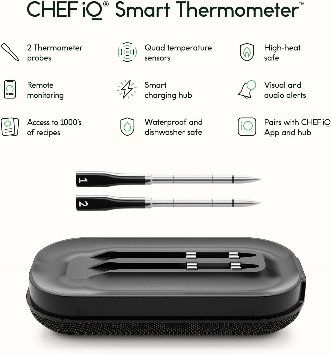 CHEF iQ Smart Wireless Meat Thermometer with 2 Ultra-Thin Probes, Unlimited Range Bluetooth Meat Thermometer, Digital Food Thermometer for Remote Monitoring of BBQ Grill, Oven