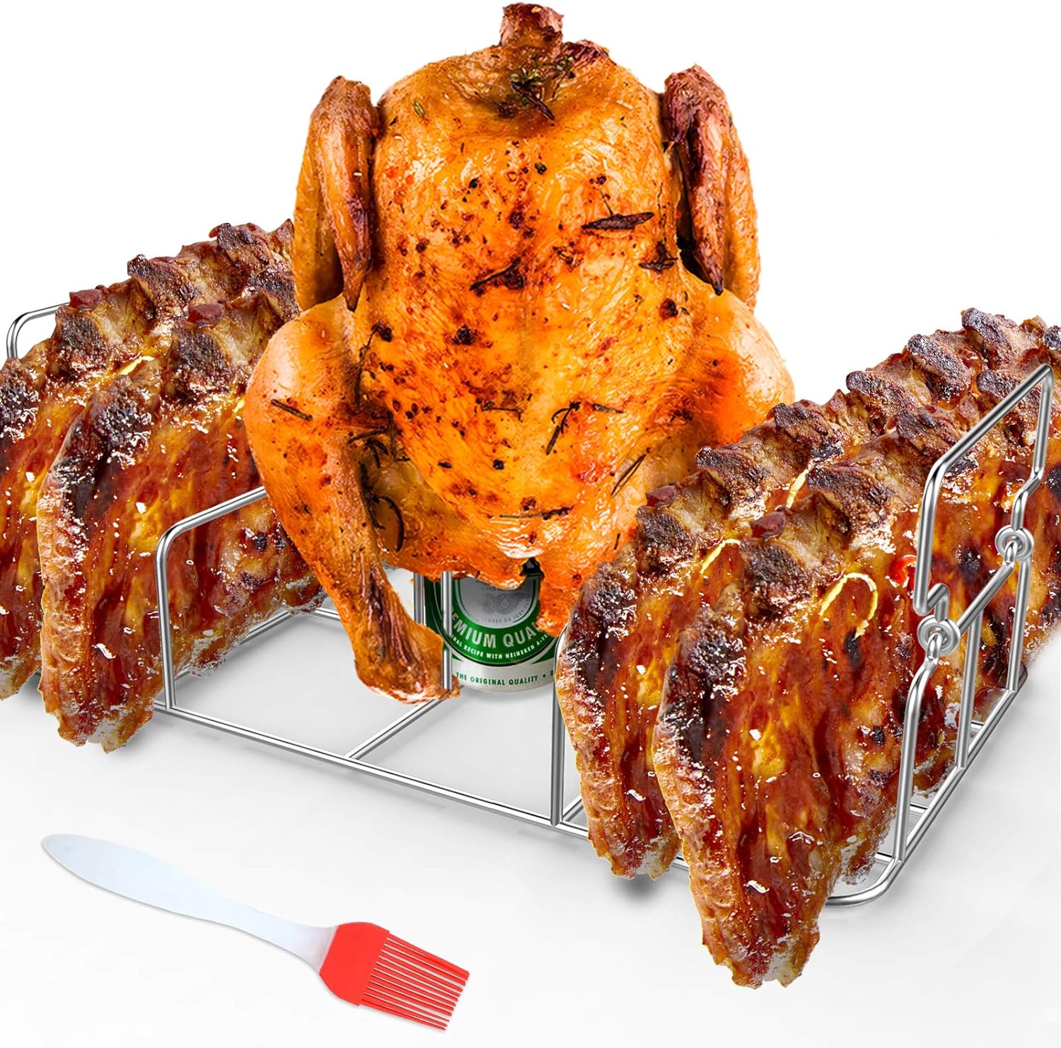 Durable Stainless Steel Rib Rack with a Silicone Oil Brush, BBQ Stand with 2 Handle for Smoker,Oven and Grill, Cook up to 5 Ribs at a time