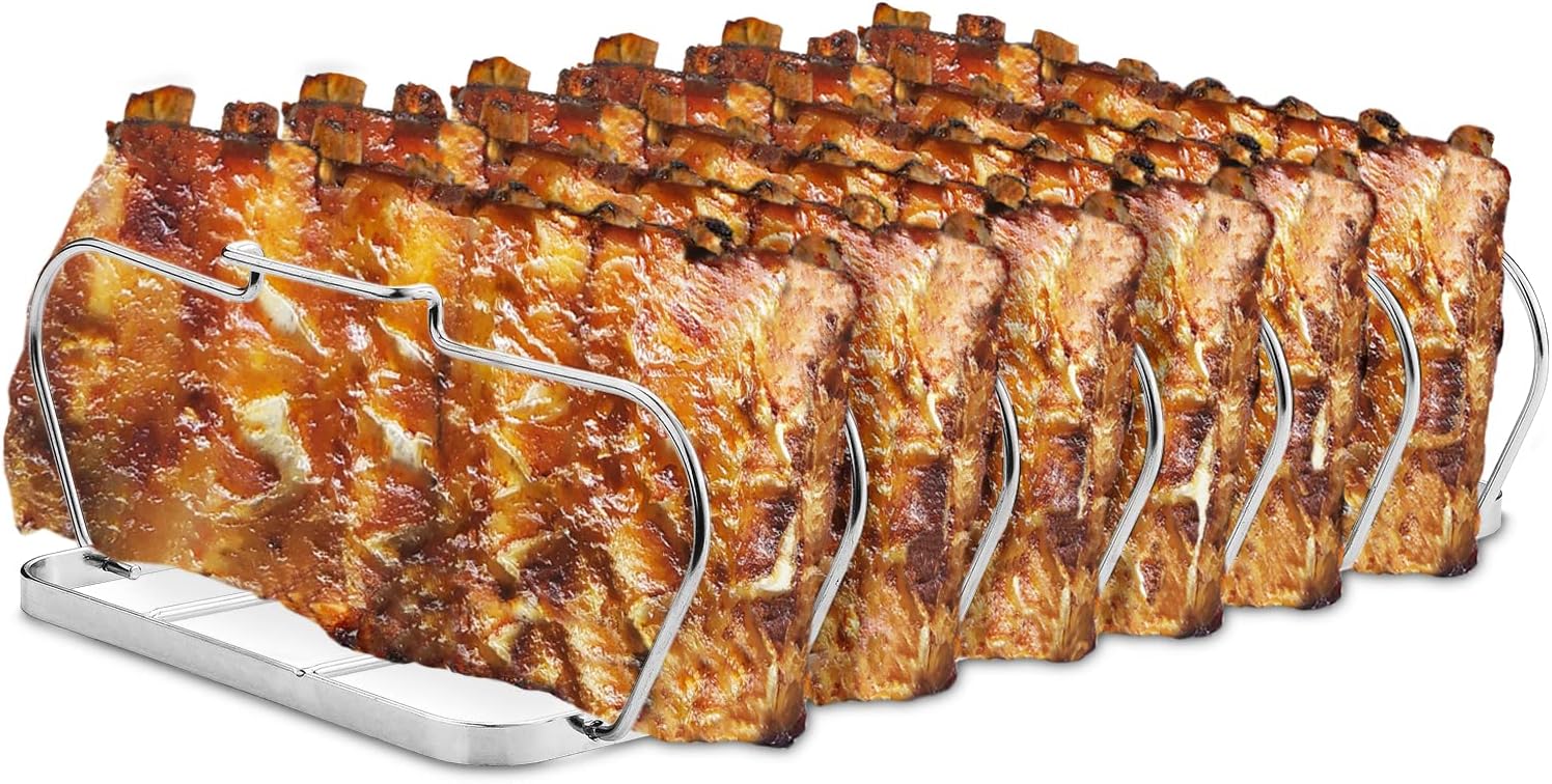 Large Rib Rack for Smoking - Smoker Accessories Gifts for Men-6 Slots Rib Racks for Grilling - Foldable Easy to Use and Clean BBQ Rib Rack for Grill - Premium Durable Rib Rack Stainless Steel