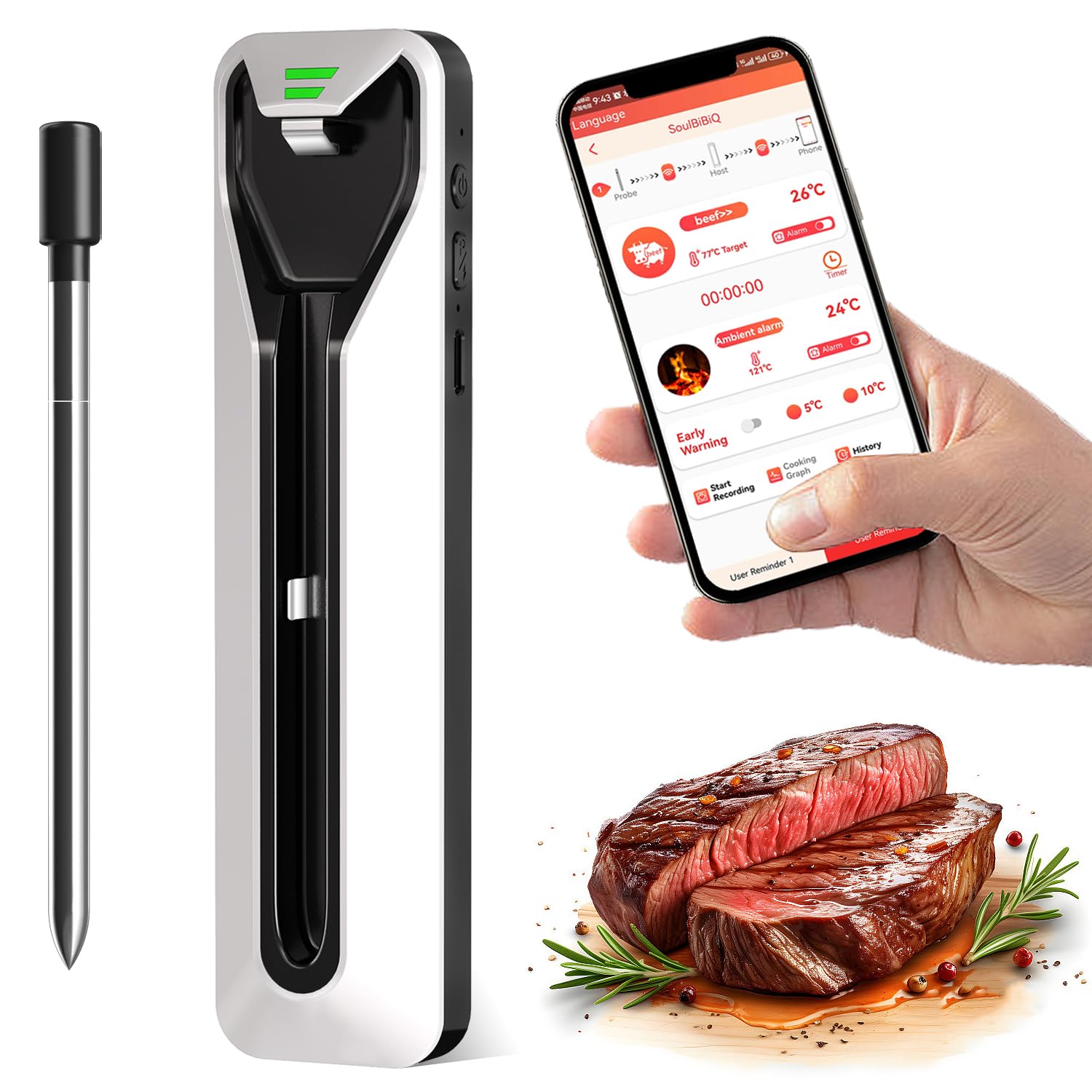 Nolofod Wireless Meat Thermometer, 500FT Digital Meat Thermometer, Grill Bluetooth Meat Thermometer with 2 in 1 Probe, Smart Cooking Thermometer with App for Oven, BBQ, Rotisserie, Smoker, Kitchen