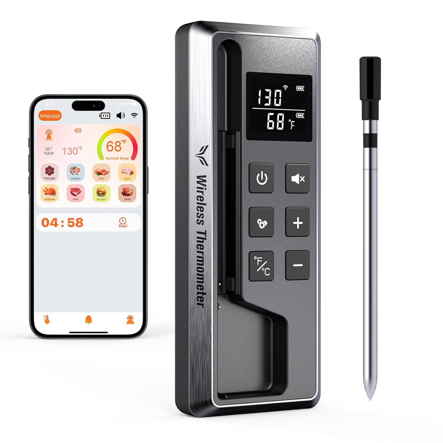 Paneceia Wireless Meat Thermometer Digital, 800FT Long Range Bluetooth Cooking Thermometer, Food Thermometer for Remote Monitoring of Grill, Oven, Smoker, Air Fryer, Rotisserie, iOS  Android App