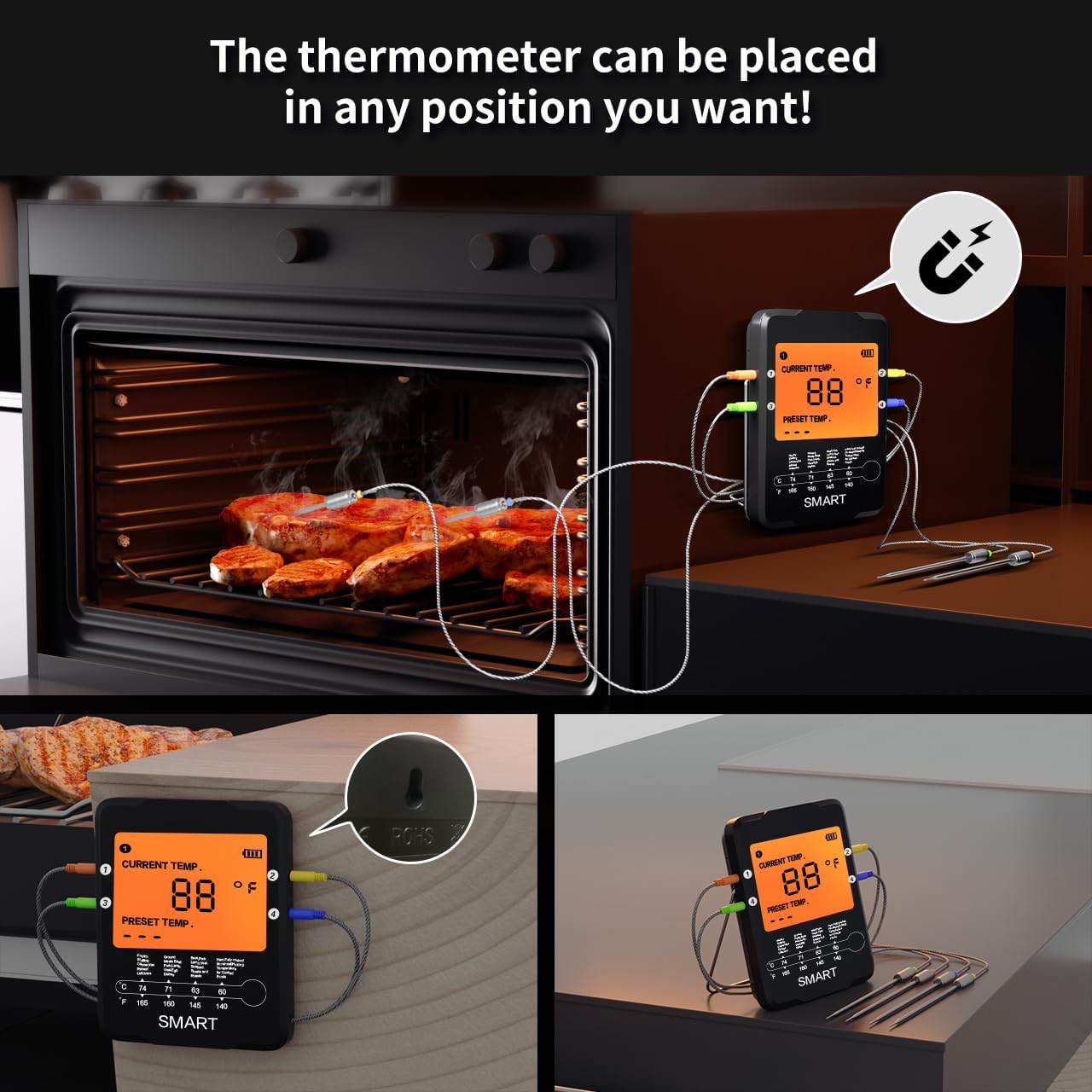 Rilitor Truly Wireless Meat Thermometer,Digital Bluetooth Oven Grill Thermometers with APP Control,120M/393FT Remote Range,Wireless Meat BBQ Thermometers Probe for Oven Grill Smoker Air Fryer Cooking