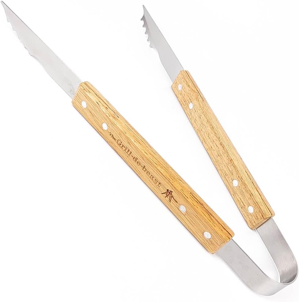The Grill-de-beast™ Tongs Grilling Tool! Stainless Steel with Engraved Wood Handle. Simple Useful Grilling Tools!