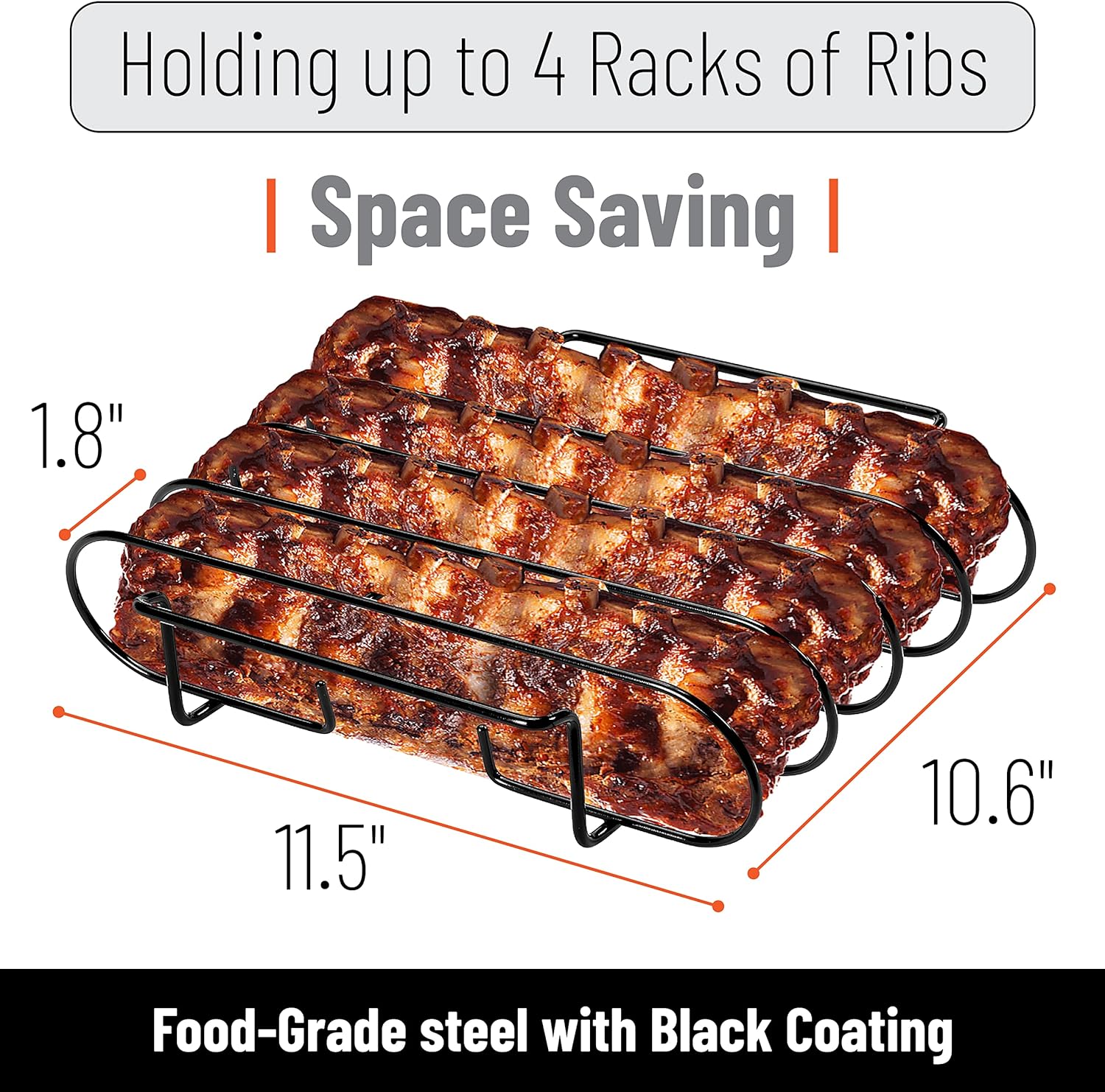 UNCO- Stainless Steel Rib Rack, Holds Up to 4 Full Racks of Ribs for Smoking, Smoker Rack for Grilling, Nonstick BBQ Rib Rack Stand Holder