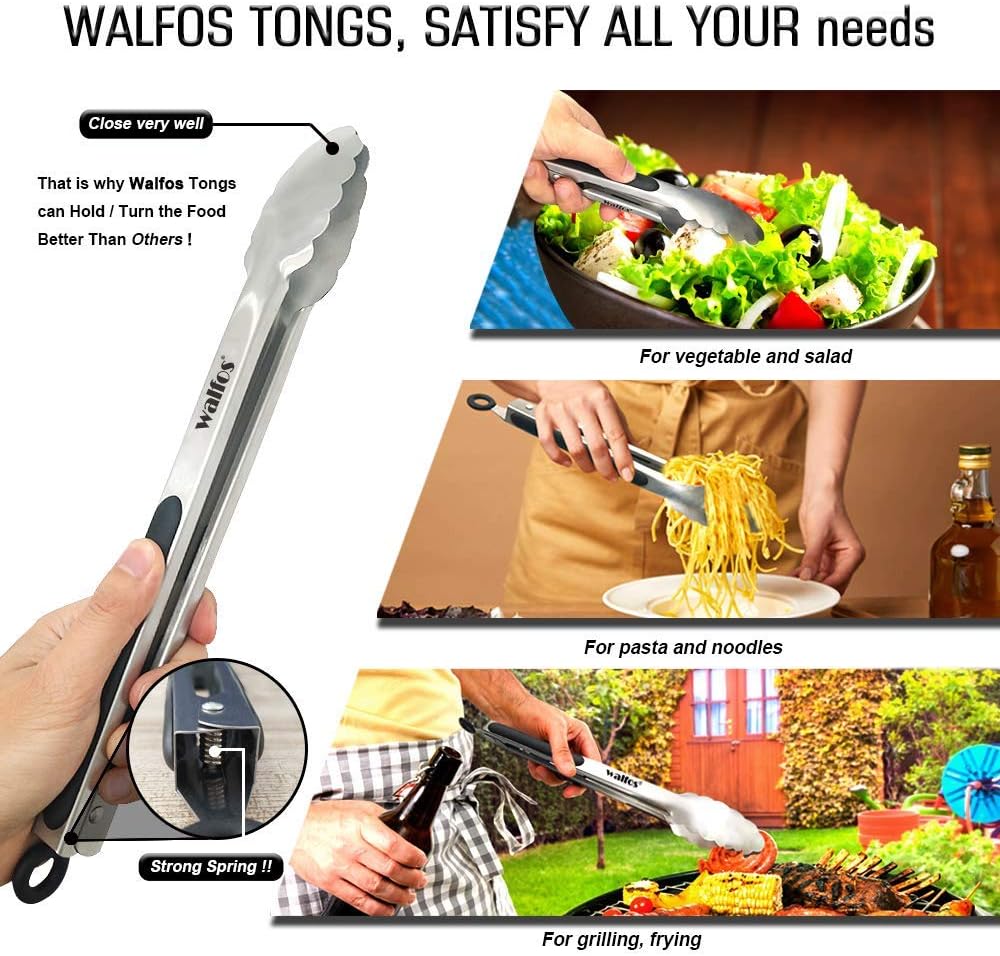 Walfos 17 Inch Extra Long Grill Tongs, Ultimate Stainless Steel BBQ Tongs for Grilling, Cooking, BBQ/Barbecue, Buffet and Turning Food