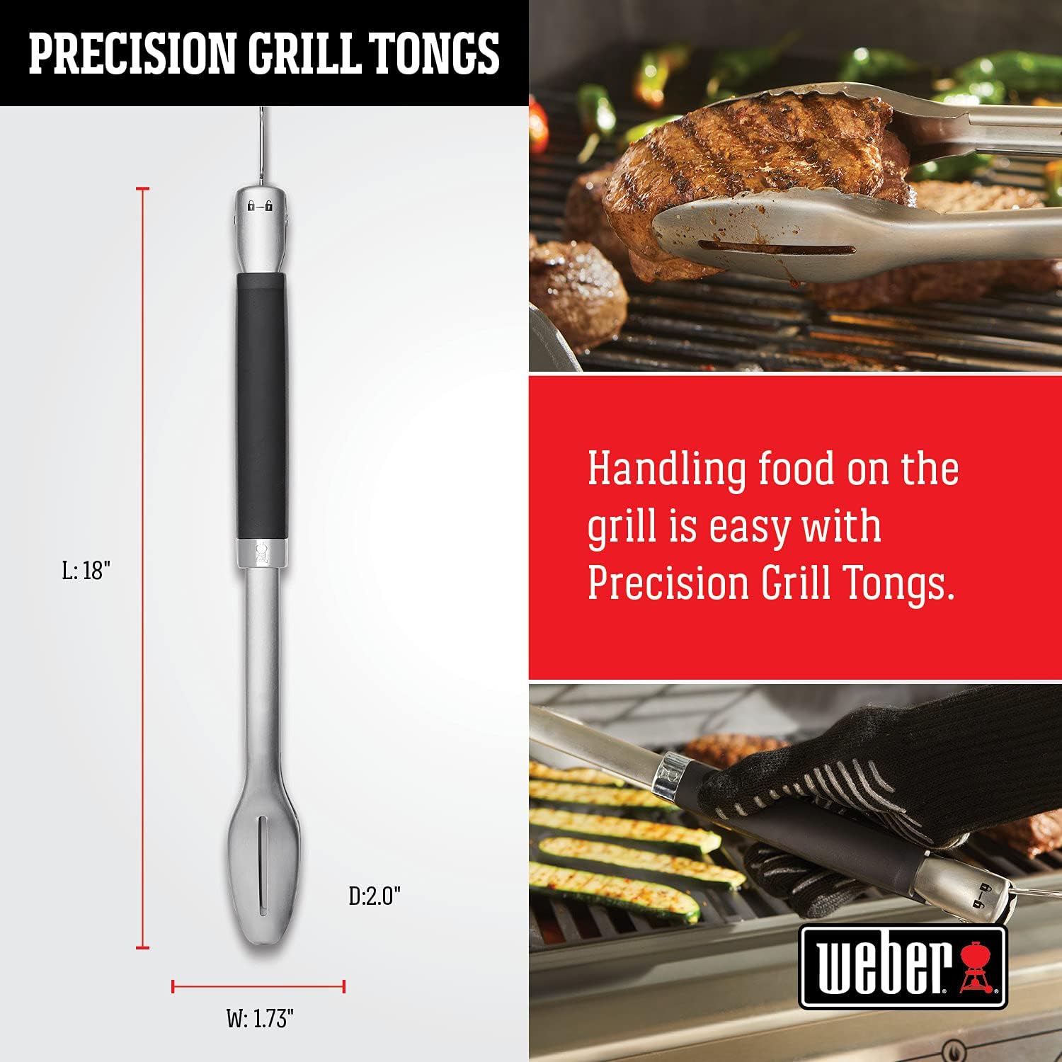 Weber Precision Grill Tongs, 18 inch, Stainless Steel
