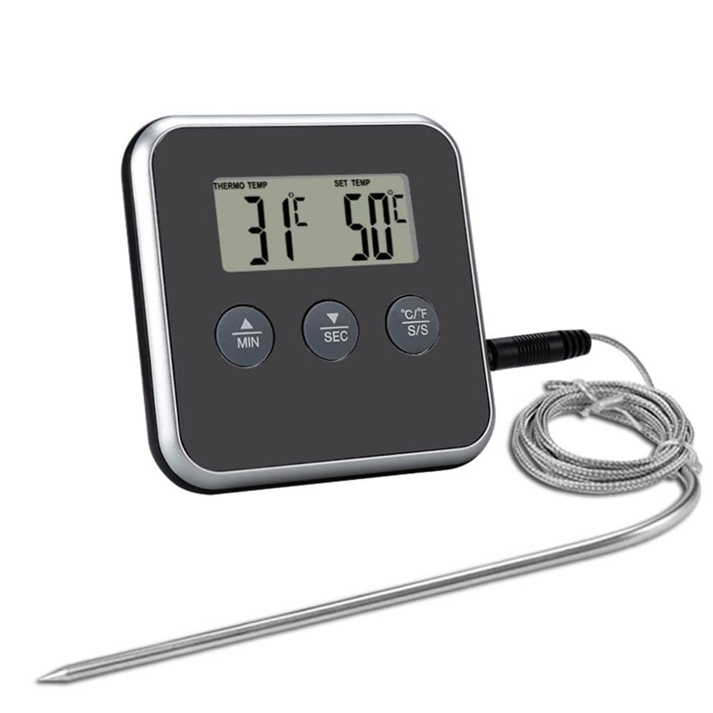Wireless Barbecue Thermometer, High-Accuracy Large LCD Digital Cooking Food Thermometer, Dual Temperature Selection, Meat Thermometer Clock Timer with Stainless Steel Probe for Oven BBQ Grill