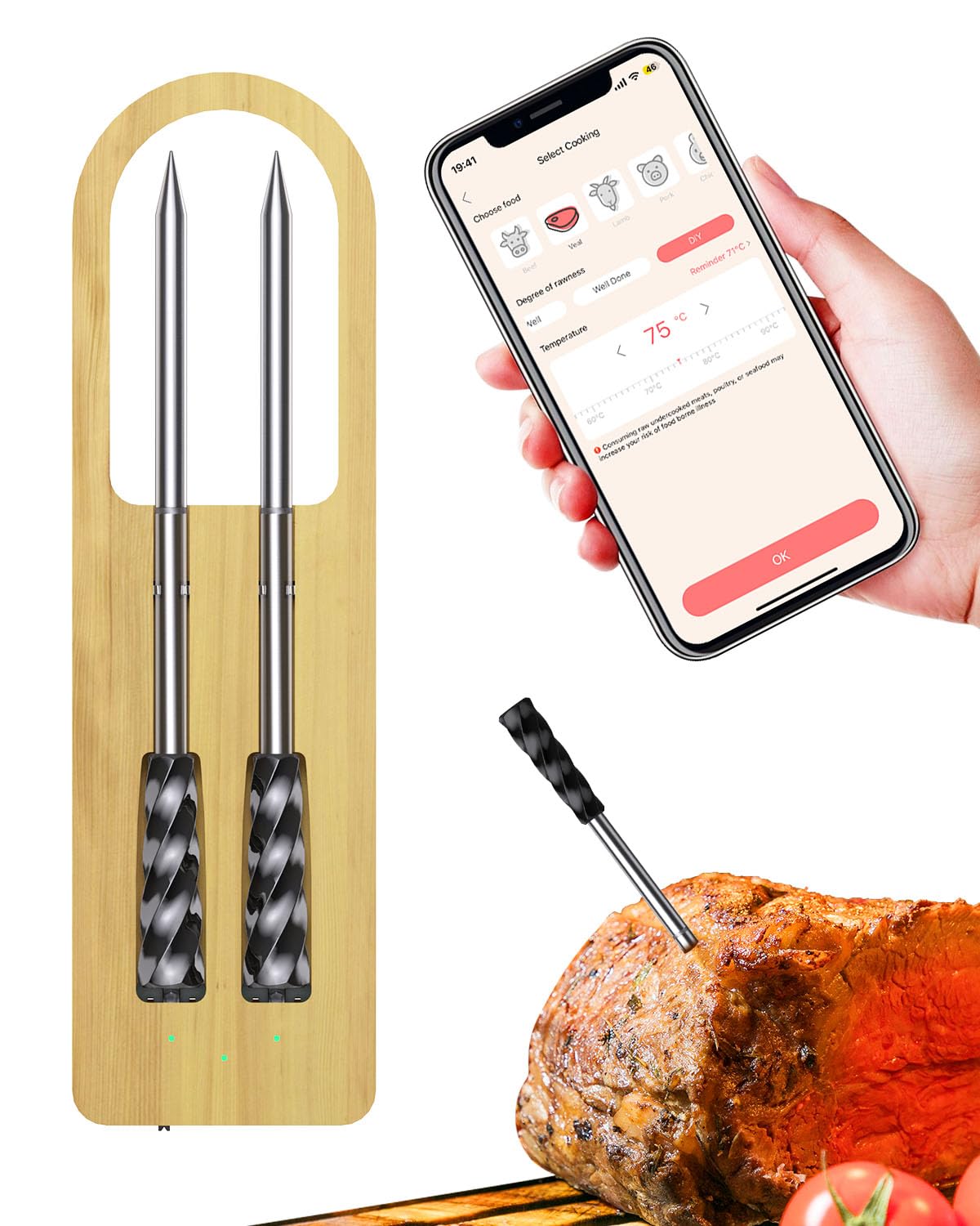 Wireless Meat Thermemeter with 2 Probes, 1s Instant Read Smart Thermometers with 165ft Bluetooth Range,Phacico Digital Food Thermometer for BBQ Oven Smoker Rotisserie