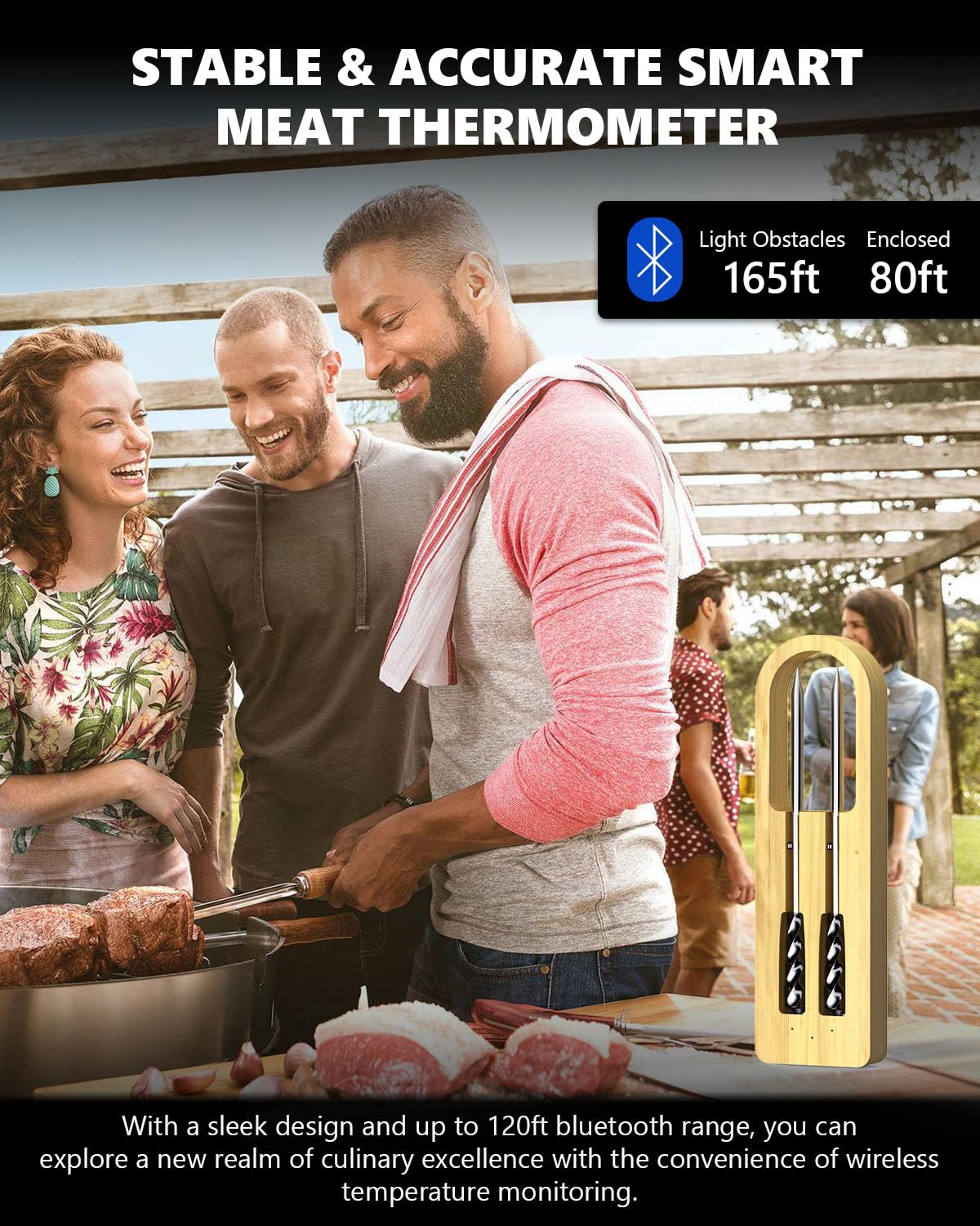 Wireless Meat Thermemeter with 2 Probes, 1s Instant Read Smart Thermometers with 165ft Bluetooth Range,Phacico Digital Food Thermometer for BBQ Oven Smoker Rotisserie