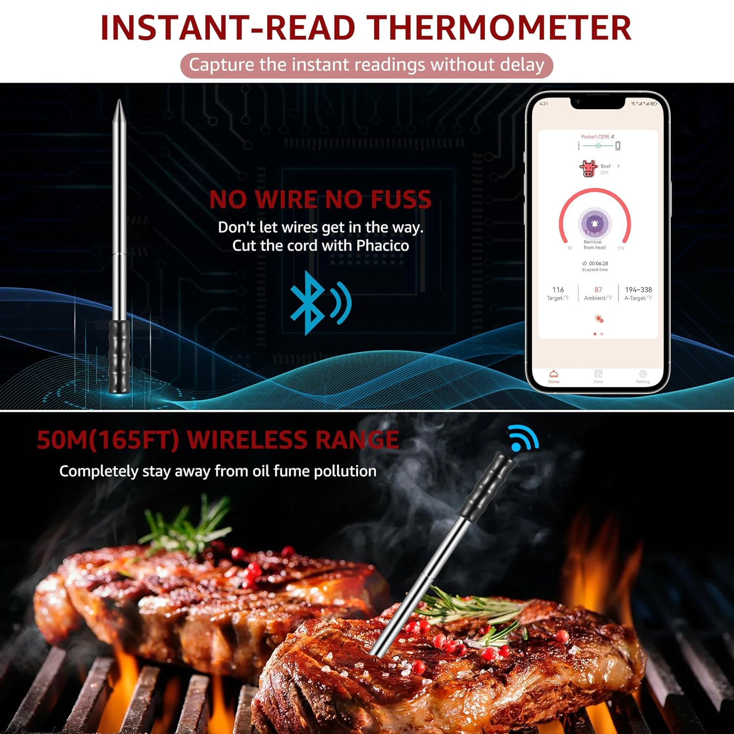 Wireless Meat Thermemeter with 2 Probes, 1s Instant Read Smart Thermometers with 165ft Bluetooth Range,Phacico Digital Food Thermometer for BBQ Oven Smoker Rotisserie