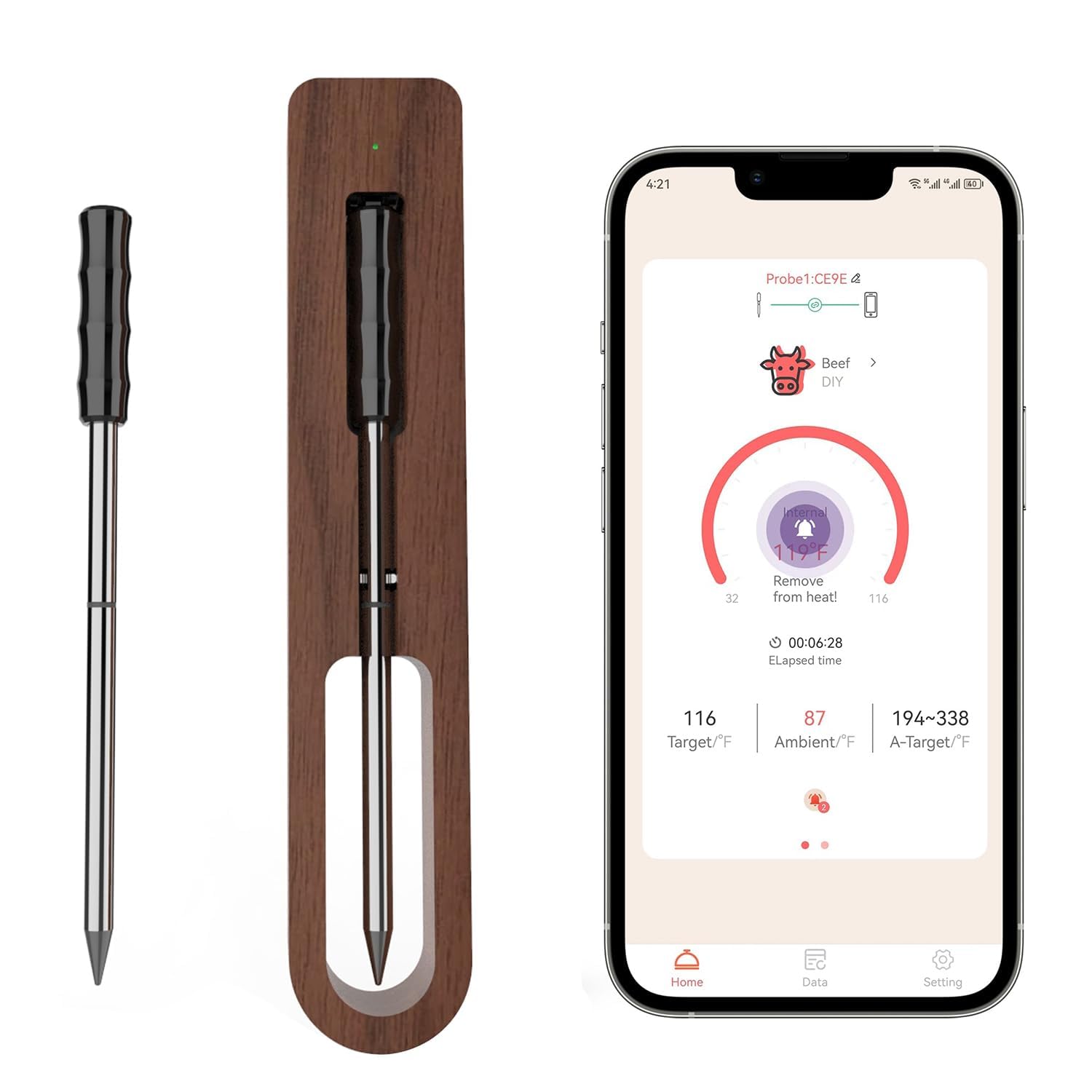 Wireless Meat Thermemeter with 2 Probes, 1s Instant Read Smart Thermometers with 165ft Bluetooth Range,Phacico Digital Food Thermometer for BBQ Oven Smoker Rotisserie