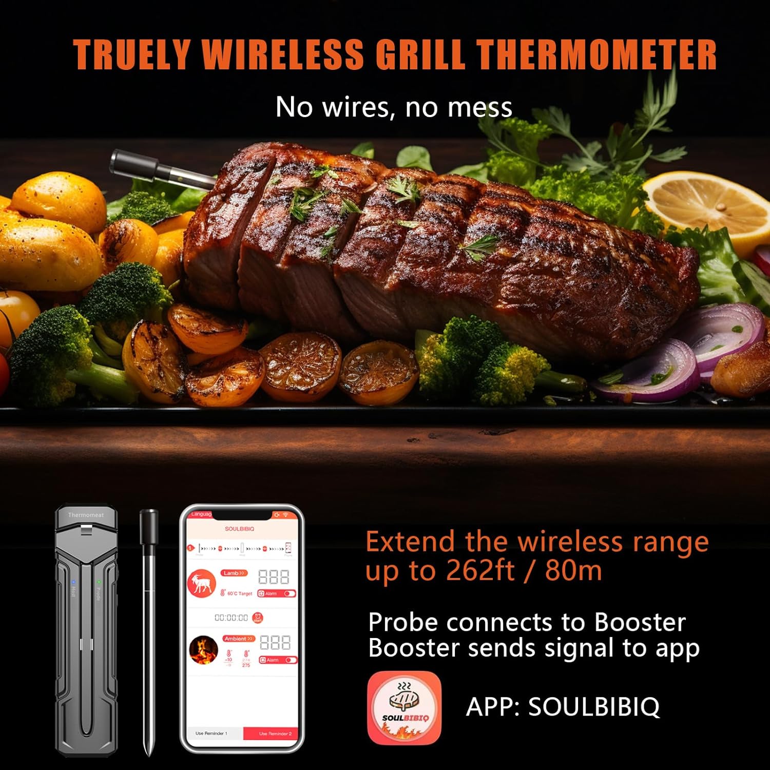 Wireless Meat Thermometer - 262FT Meat Thermometer Bluetooth for Inside and Outside Grilling, Grill Thermometer with 2 in 1 Probe, Digital Cooking Thermometer with Smart App for Smoker,Oven and BBQ