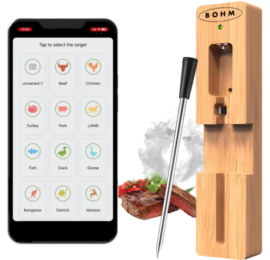 Wireless Meat Thermometer, Bluetooth Food Thermometer with 230ft Long Range, Smart App Control, Charging Dock, USB C Cable, Kitchen for Oven, Grill BBQ, Smoker, Rotisserie